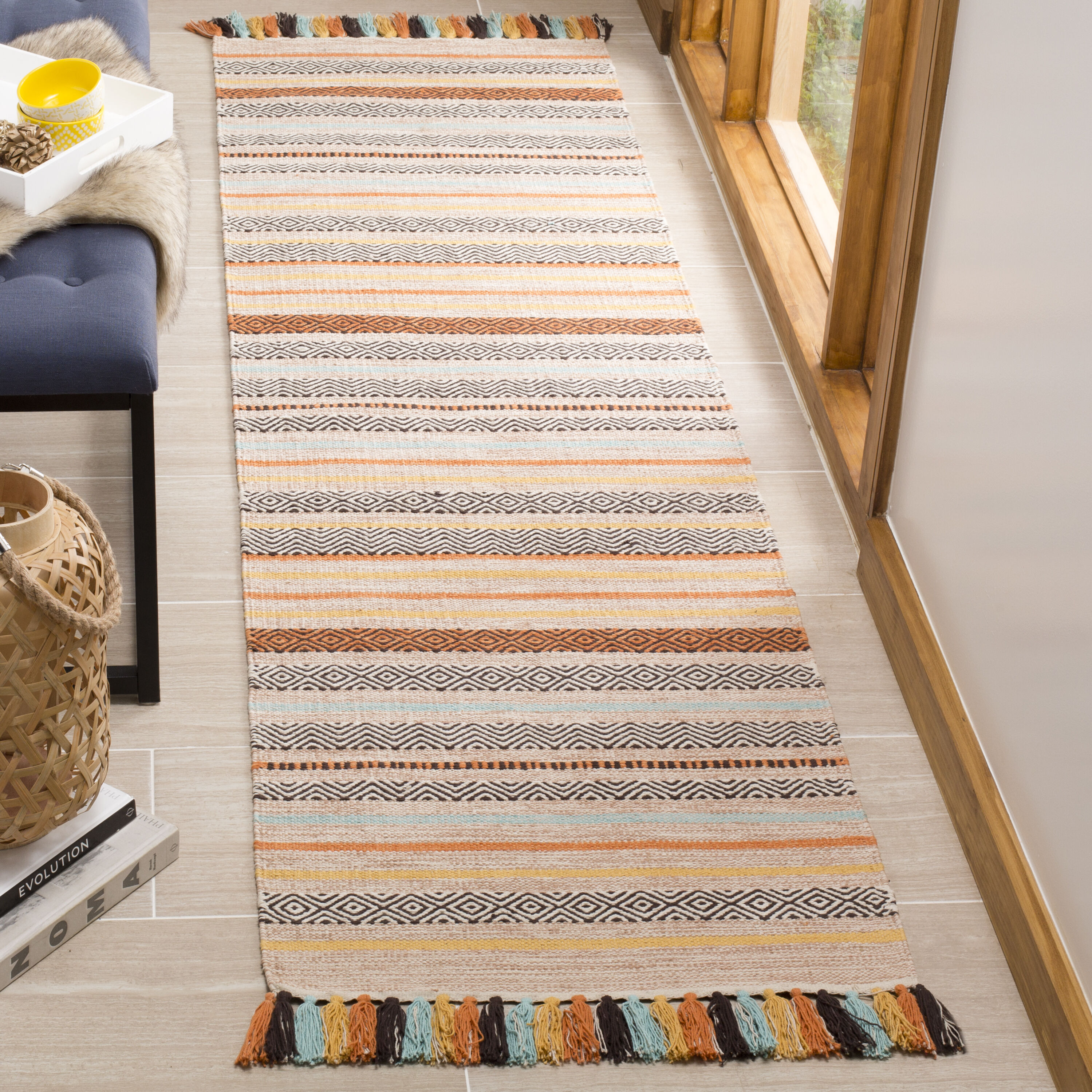 Coastal Charm Beige Stripe Hand-Woven Wool & Cotton Runner Rug 2'3" x 8'