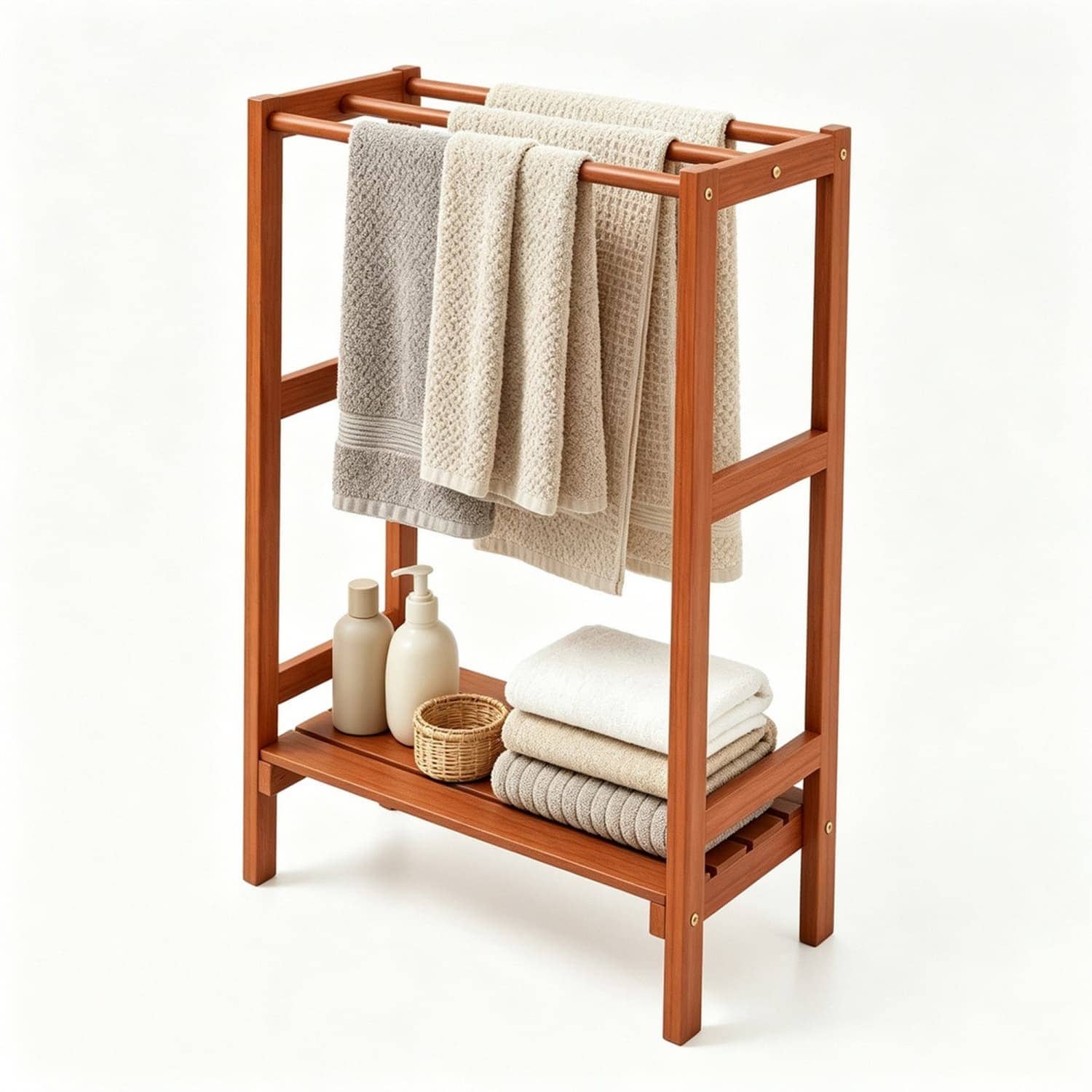 OGETFUUR 35.5-in Natural Hardwood Freestanding Towel Rack with 3 Bars and Shelf for Bathroom
