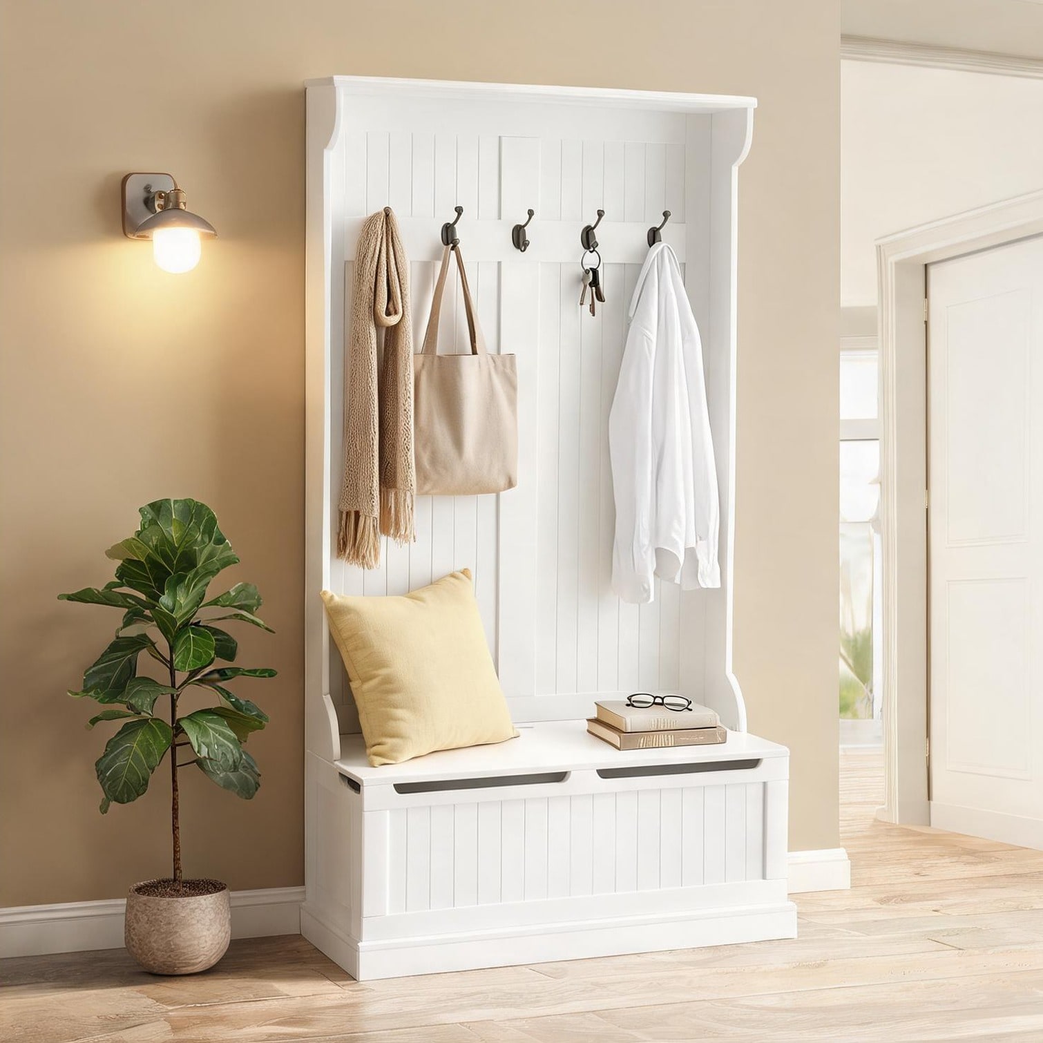chillscreamni 3-In-1 Hall Tree with Bench and Shoe Storage Crisp White ...