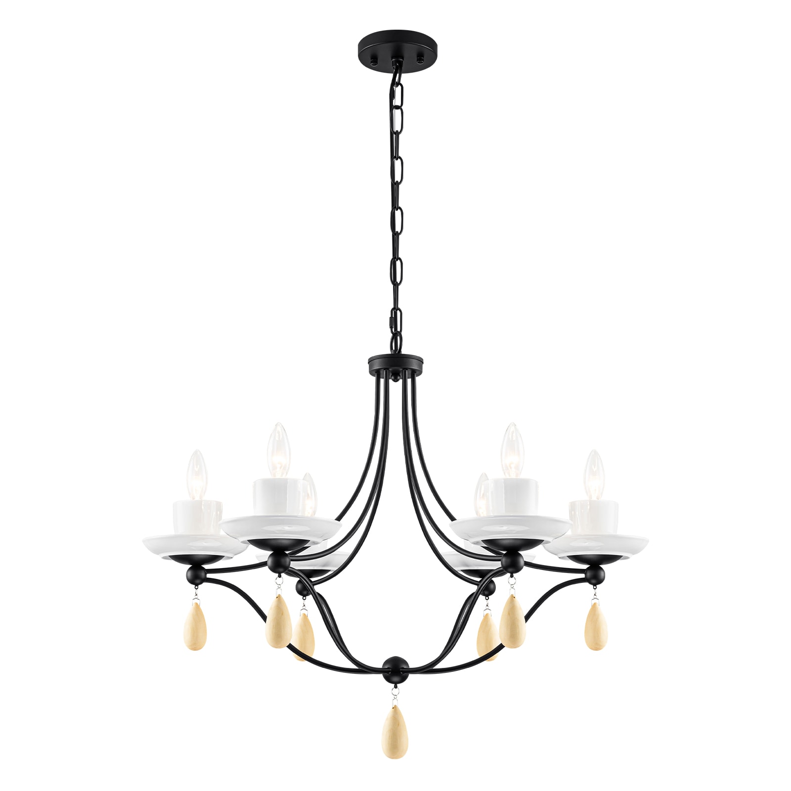 MENCOLULU - Ceramic Candle Shades Chandeliers with Wood Accents 6 -Light Black Metal Chandelier