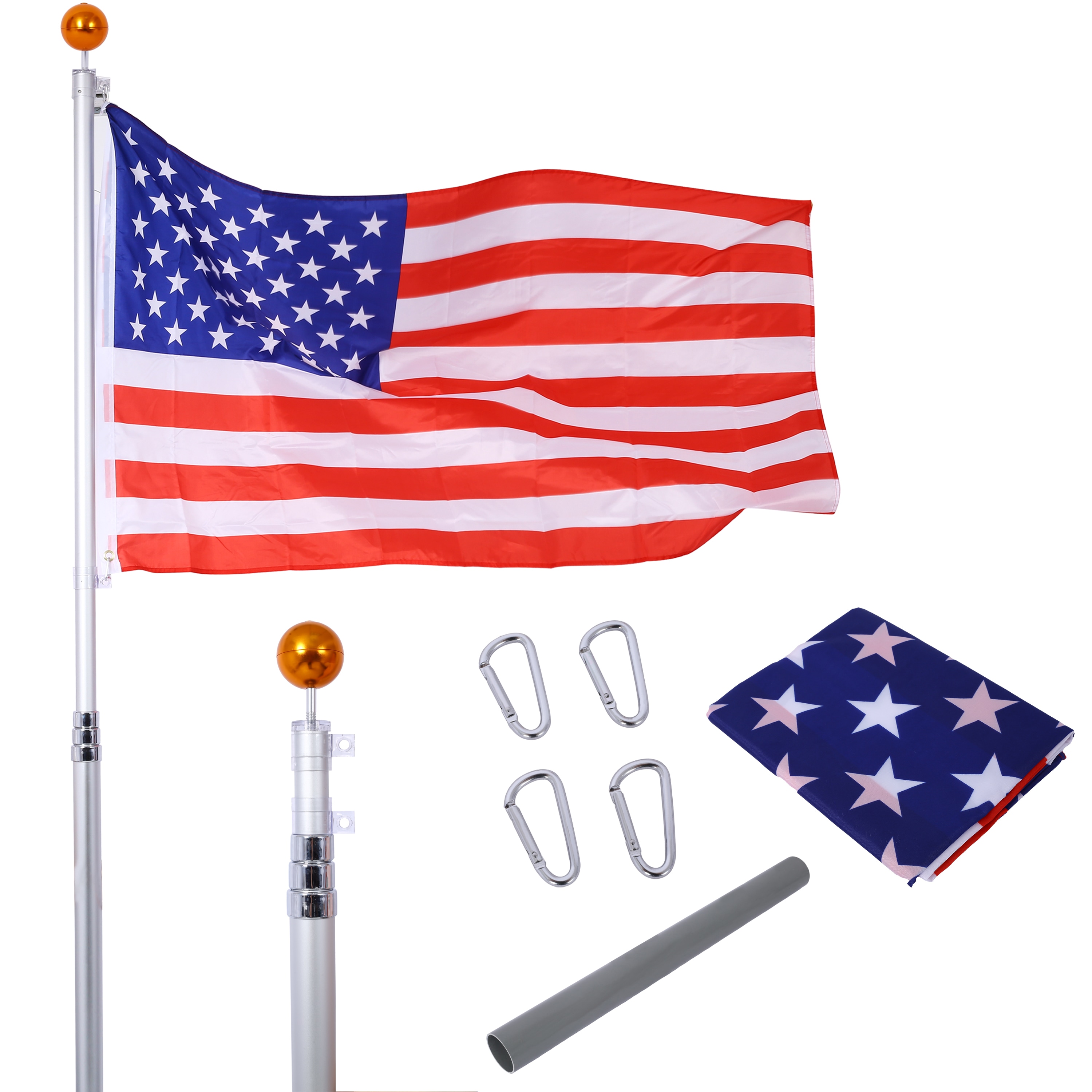 Bayfeve 16FT Heavy Duty Extra Thick Aluminum Telescopic Inground Flag Pole Kit With 3x5FT American Flag