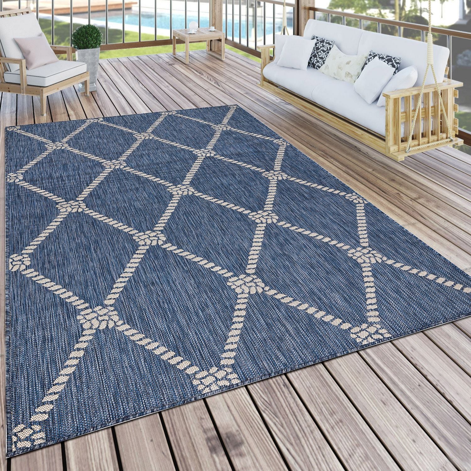 Coastal Charm Blue & White Geometric Flatweave Indoor-Outdoor Rug