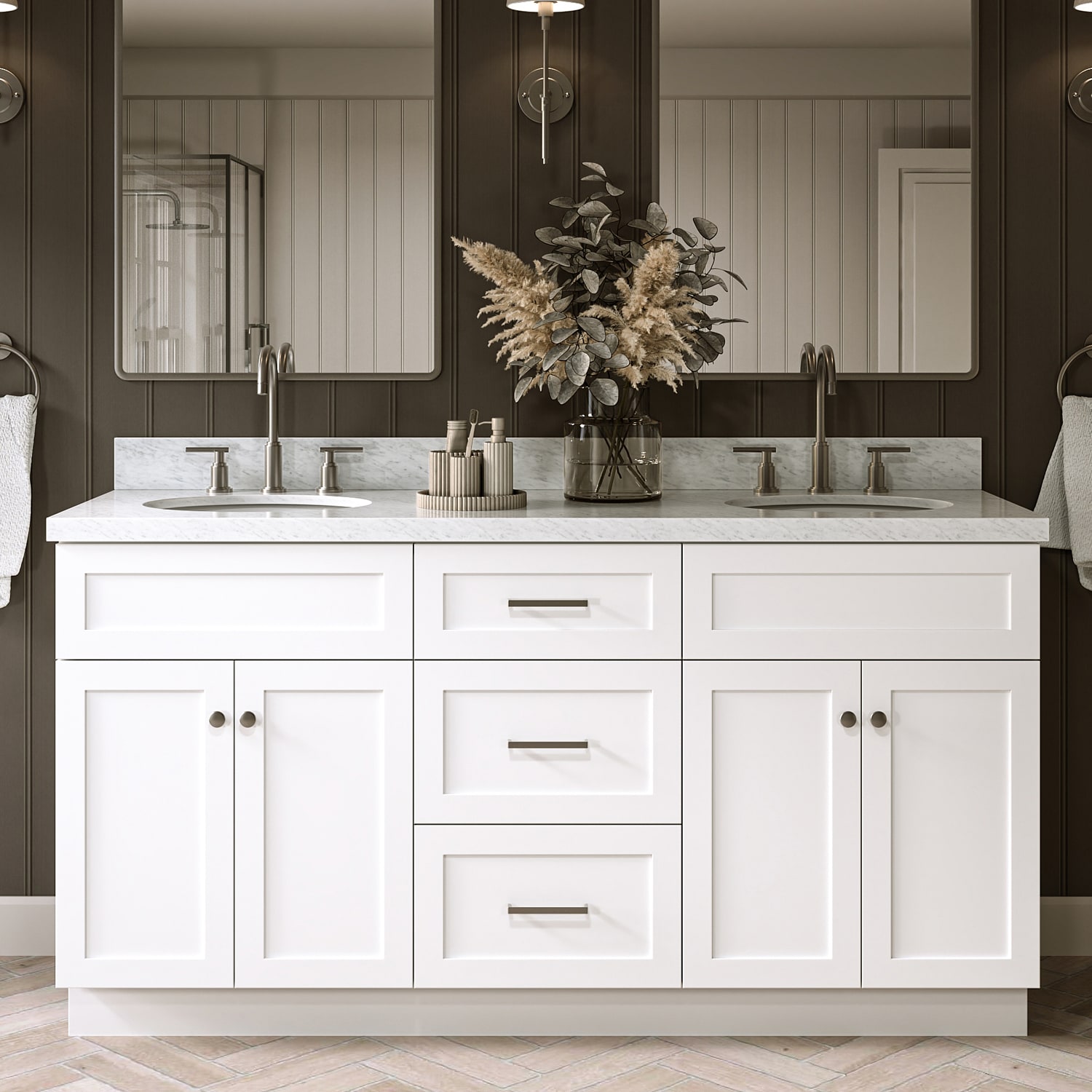 ARIEL - Hamlet 66-in White Undermount Double Sink Bathroom Vanity with Carrara White Marble Marbl...