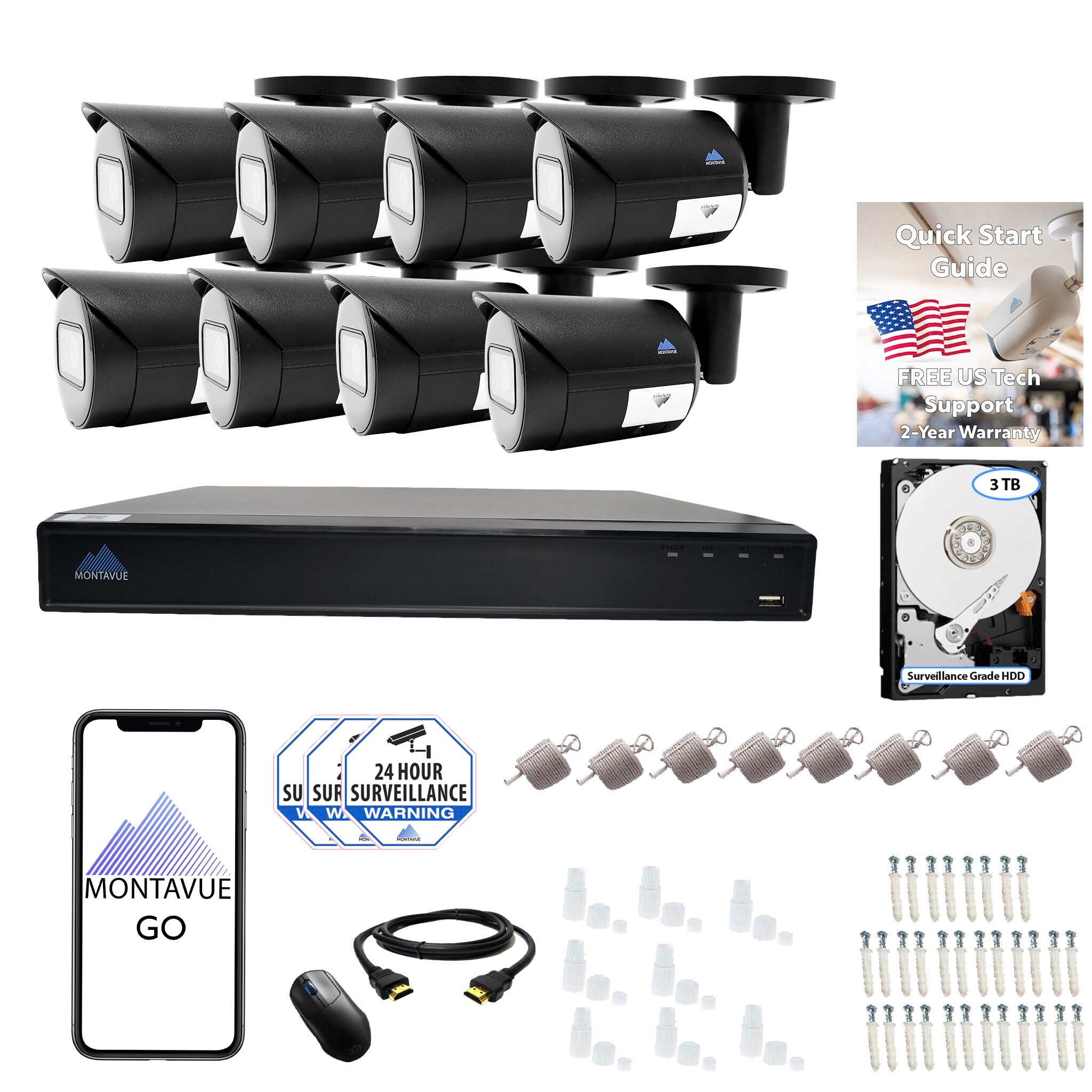 Montavue MTIP8163-84KB-B 8105 Indoor/Outdoor 8-Camera 4K Hardwired Bullet 3Tb Hard Drive Security Camera System