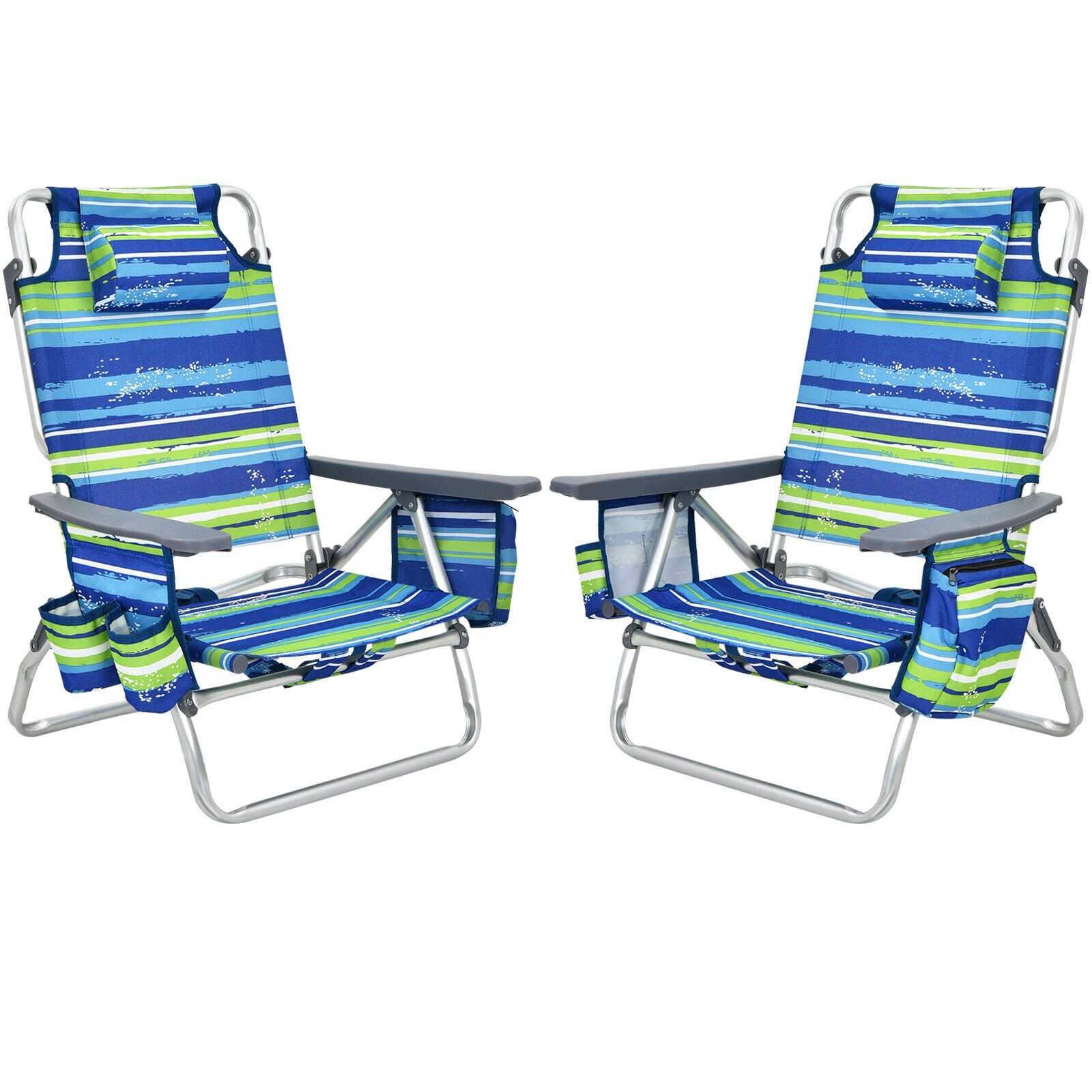 Slickblue D-CO-2-LB91001PN Set of 2-Folding Backpack Beach Chair with Pillow- PVC Aluminum- (Adjustable 5-Position Backrest and Padded Shoulder Straps) for Beach Pool Camping Backyard- Blue/ Yellow/ Hot Pink/ Peacock Blue - Thumbnail