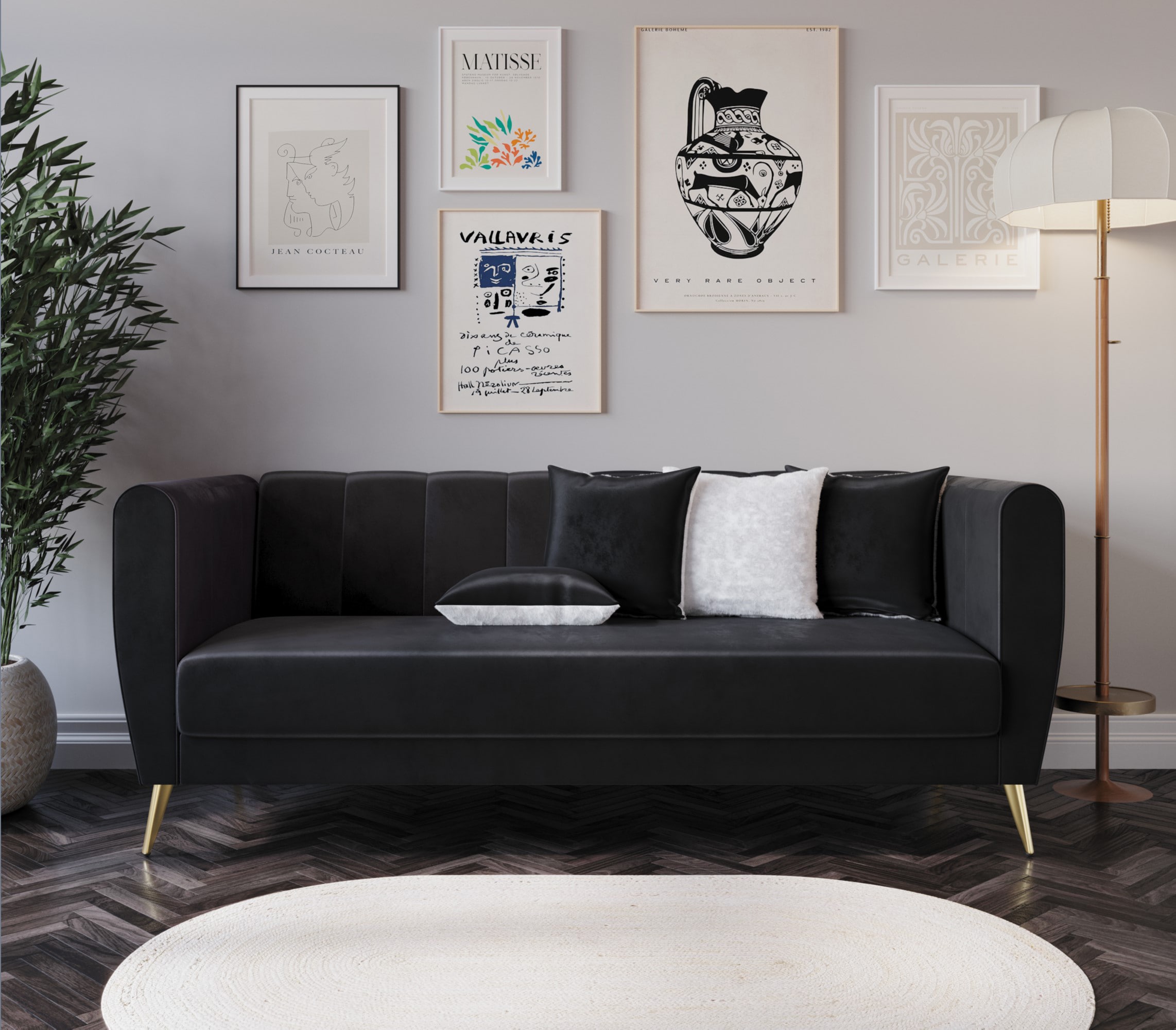 Home Design 30016-341 72-in Modern Black Velvet 3 -seater Sofa