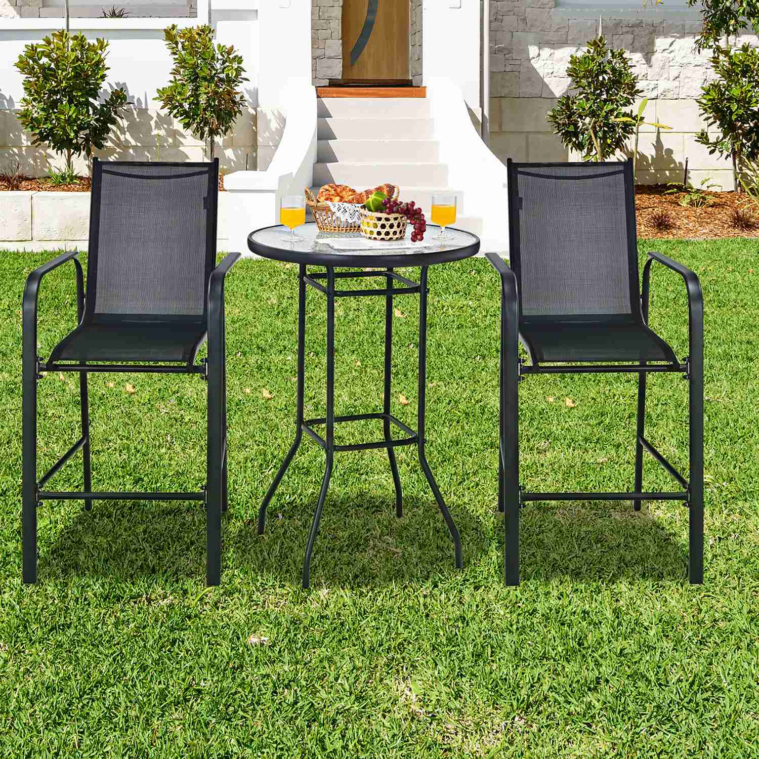 Costway CSHY000302 3 PCS Outdoor Patio Bar Table Stool Set Height Tempered Glass Top