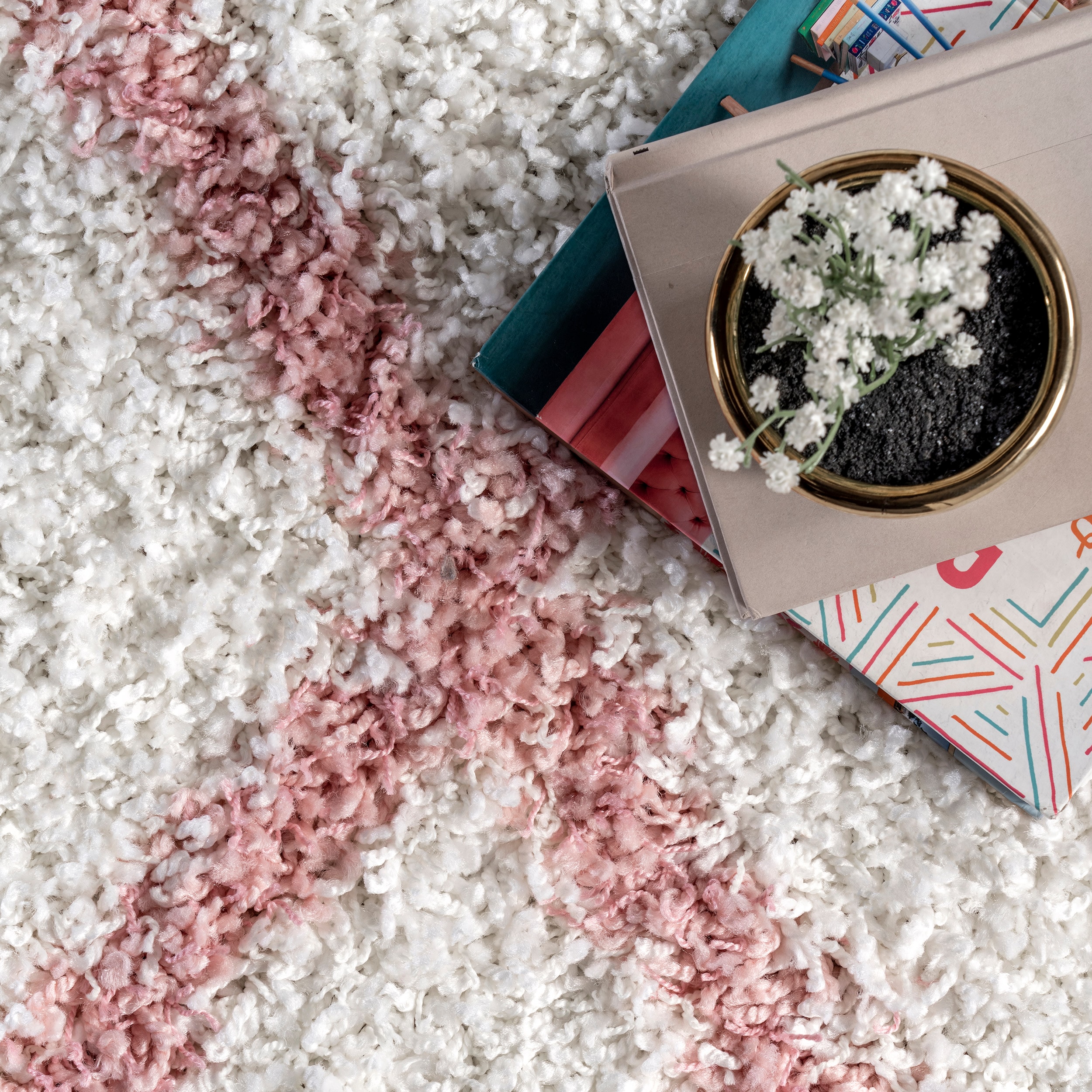Pink and Ivory Geometric Shag Runner Rug, 2' 8" x 8'