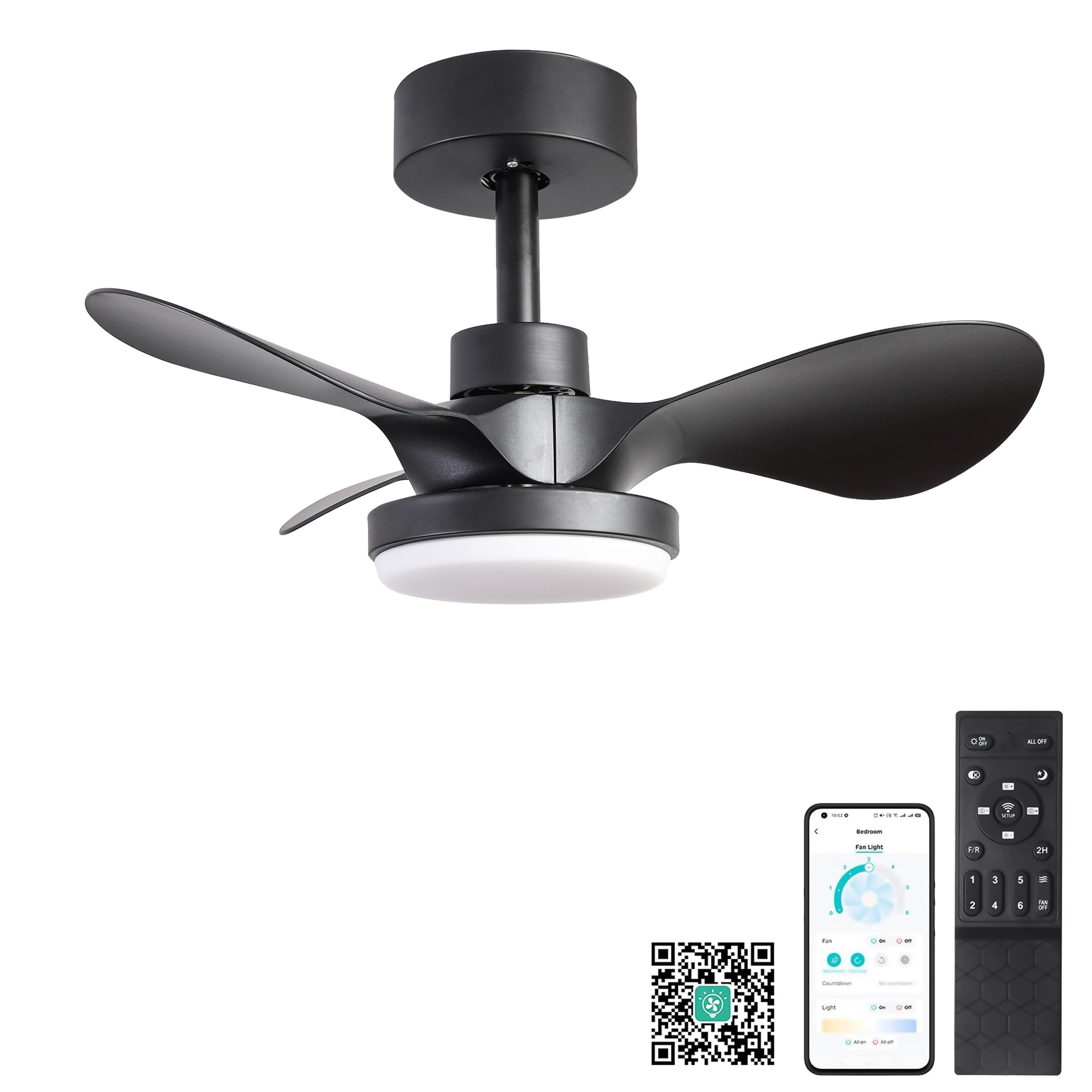 Bybafun YB5700104 24-in Color-Changing Smart Black with Finished Blades Ceiling Fan Light kit compatible and Remote ( 3 -Blade )