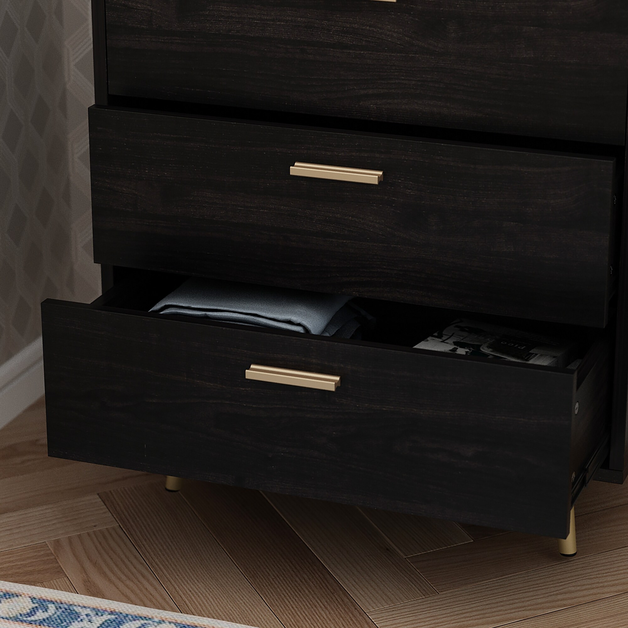 FUFU&GAGA 5-Drawer Black Wood Chest of Drawer Accent Storage