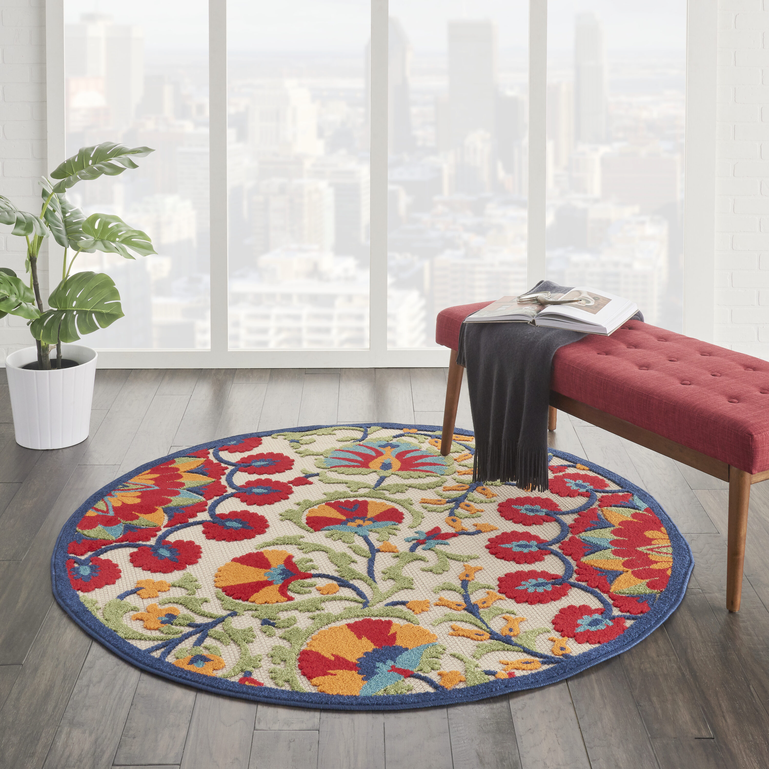 Nourison 99446499202 Aloha 5 x 5 (ft) Loomed Red/multicolor Round Indoor/Outdoor Floral/Botanical Coastal Area rug