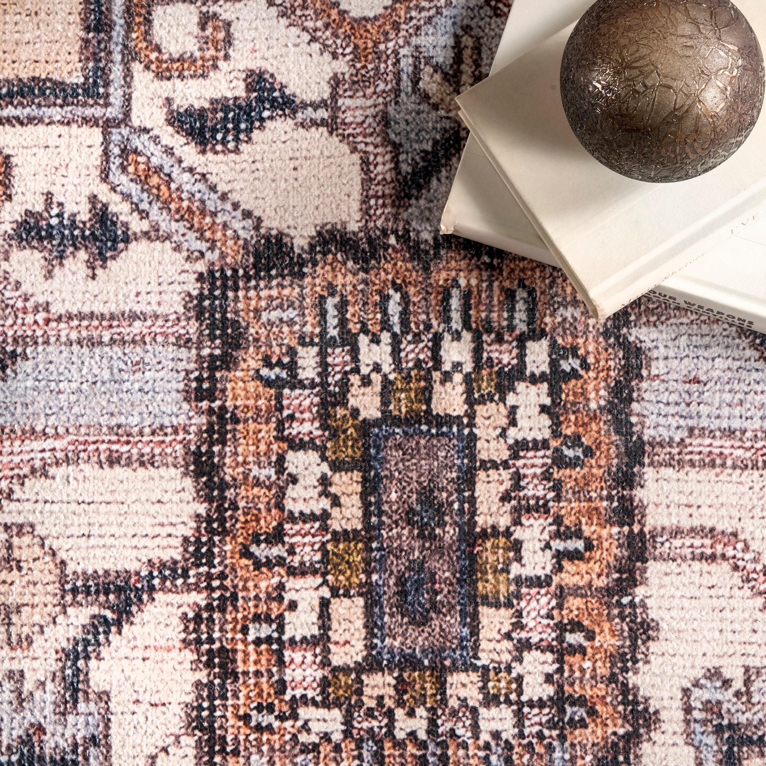 Gray and Pink Square Synthetic Medallion Area Rug, 6'