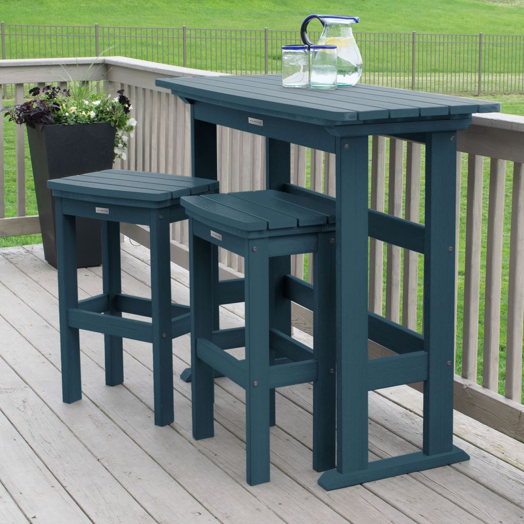 highwood AD-KITBALC2-NBE Lehigh 3 -Piece Nantucket Blue Bar Height Patio Dining Set Plastic Rectangle Table with 2 Stationary Chairs