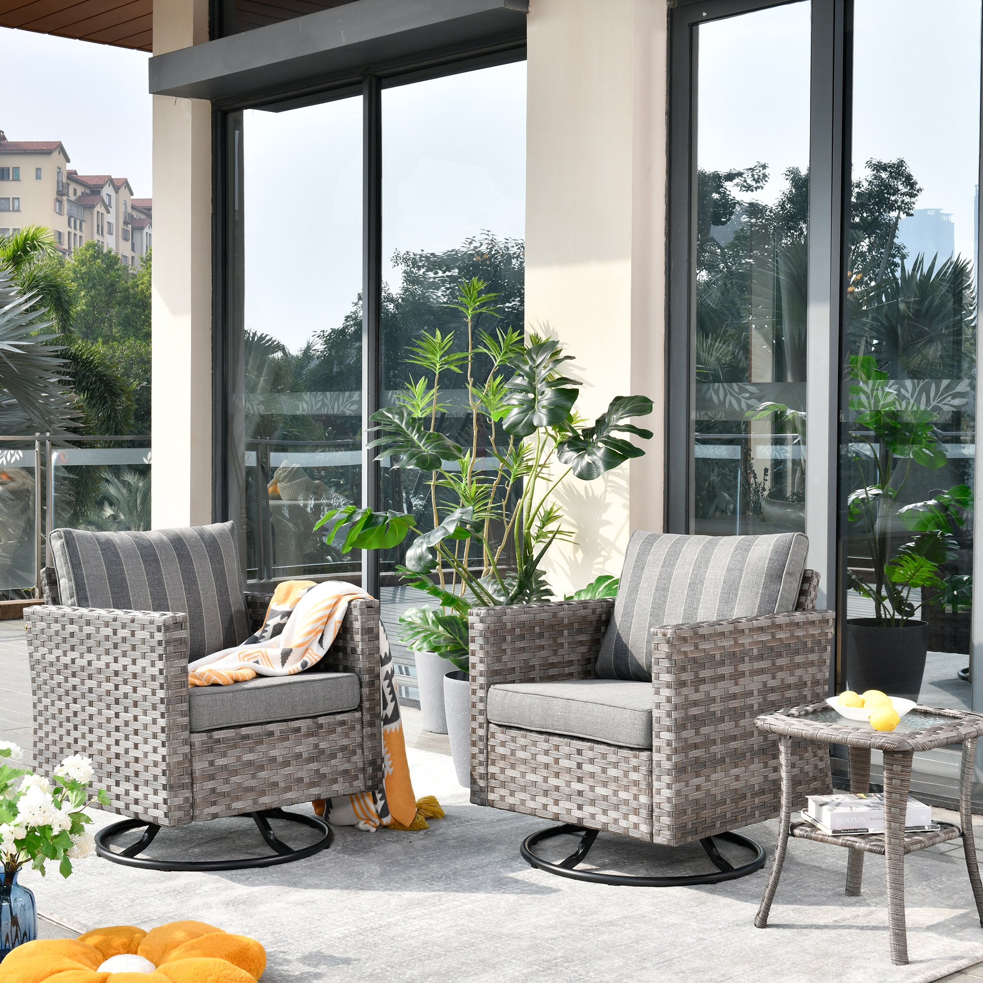 Pouuin 3-Piece Rattan Patio Conversation Set with Gray Cushions in the ...