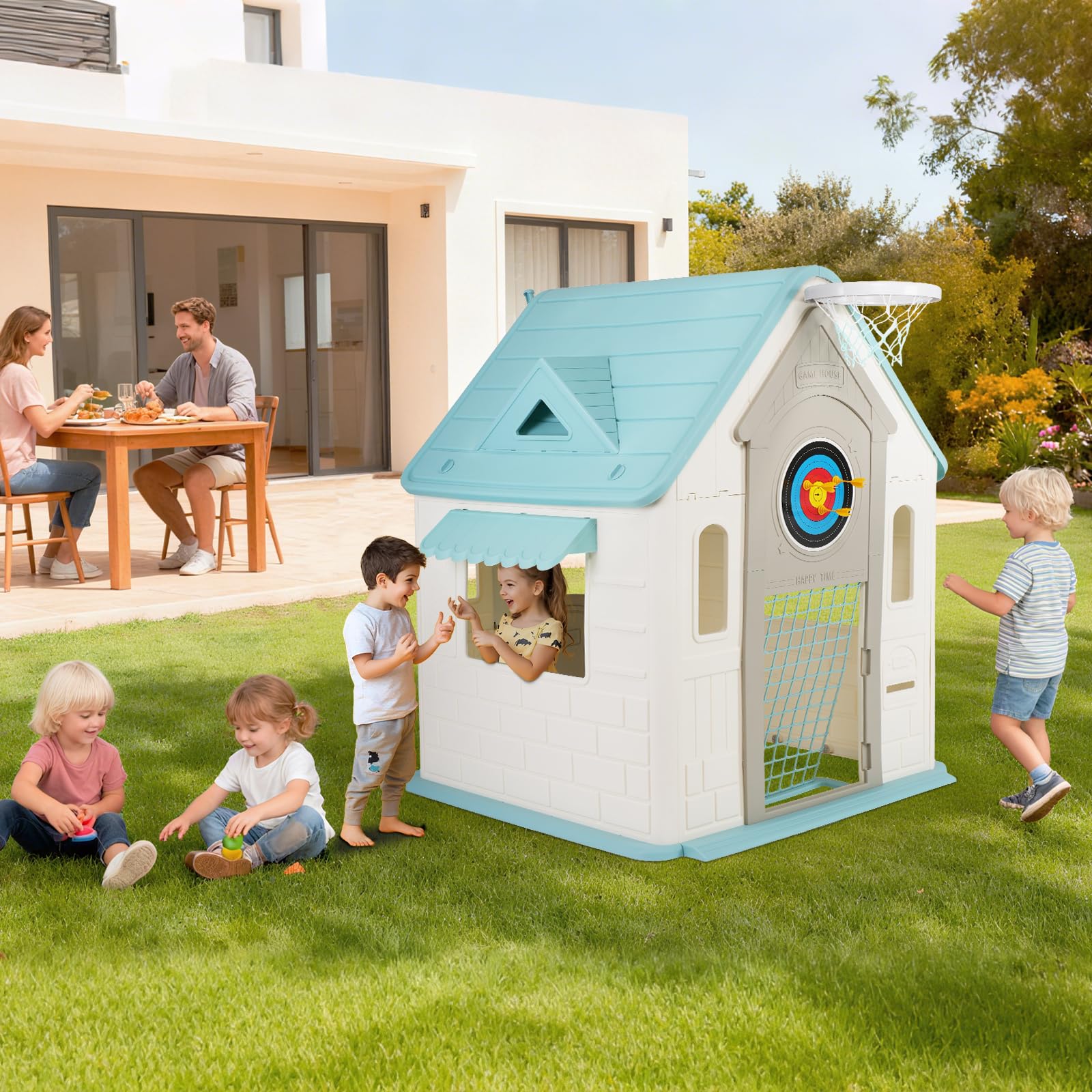 IdealHouse 5-in-1 Outdoor Playhouse for Kids with Basketball Hoop Soccer Goal and Dartboard Indoor Toddler Playset Backyard Play Equipment Cottage Playhouse for Boys Girls Ages 3-8 Green