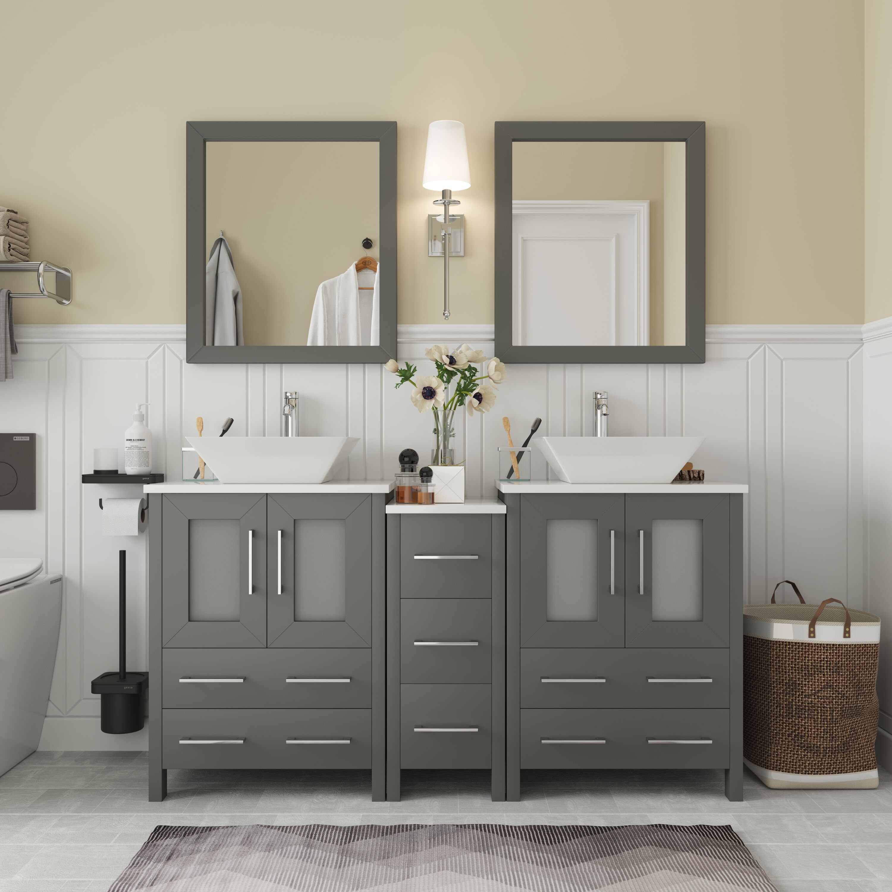 Vanity Art VA3124-60G Ravenna 60-in Grey Double sink Bathroom Vanity with White Engineered marble Top (Mirror Included)