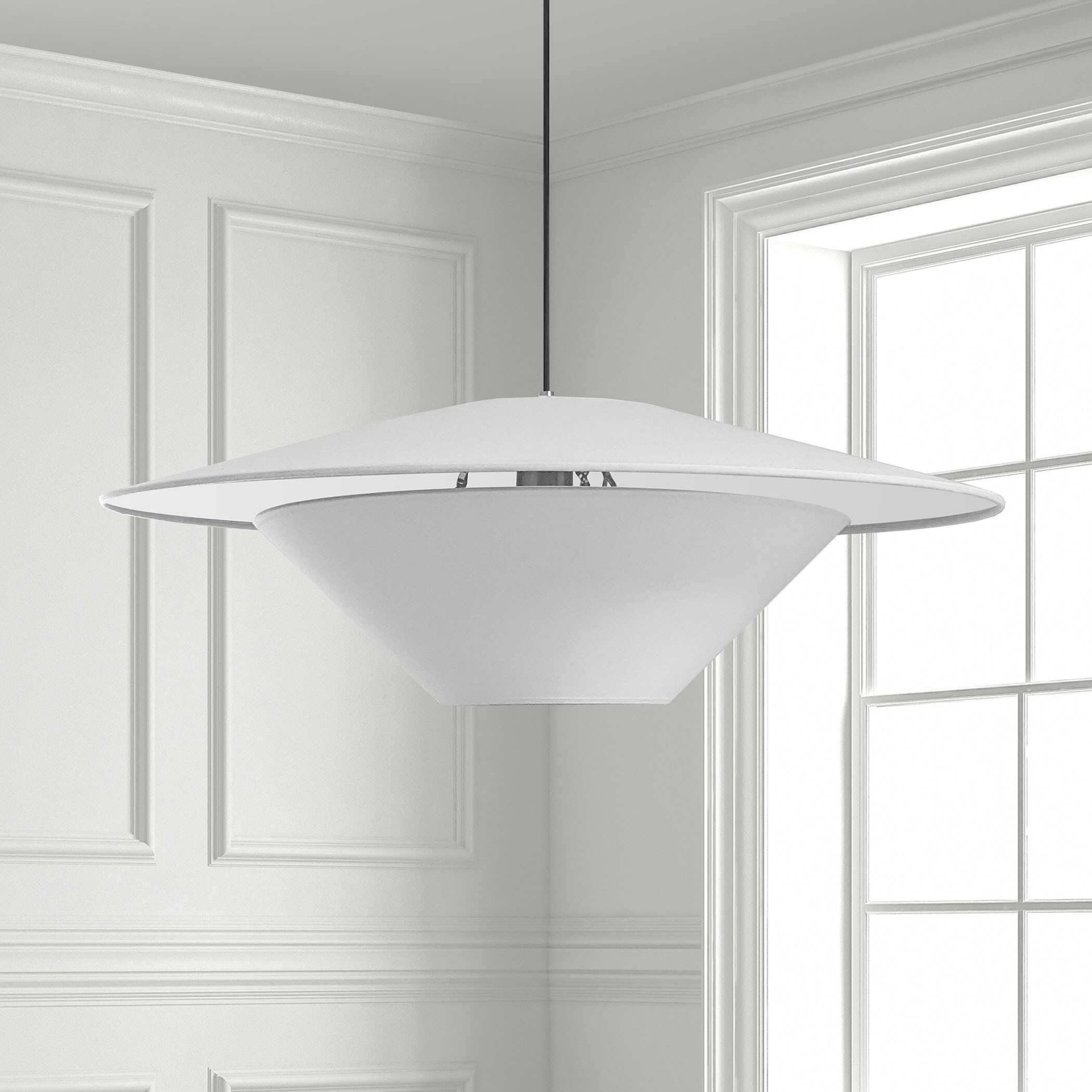 Our Watley White Cone Pendant boasts a modern and minimalistic design with  a chic brass finish on its inter…