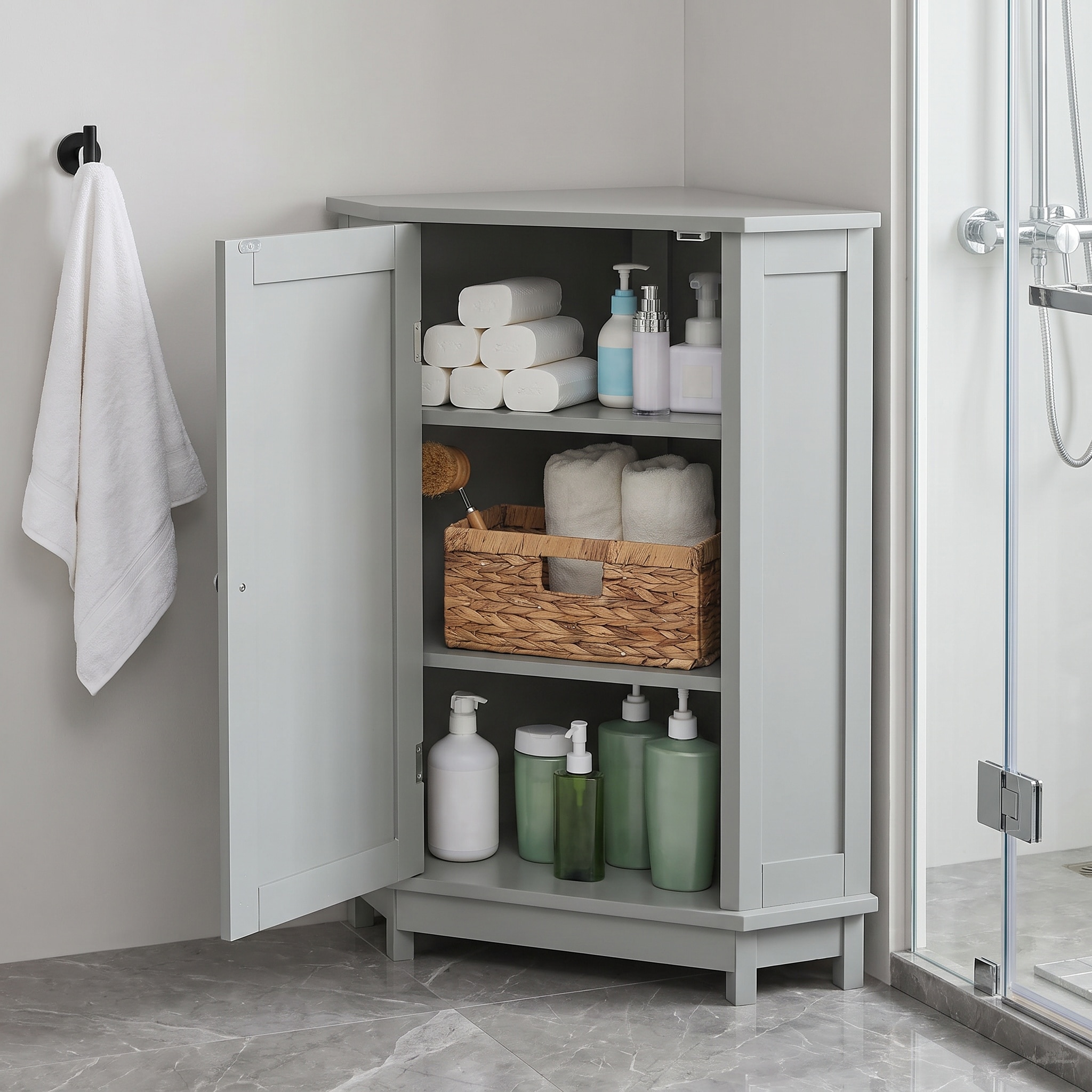 Watnature  Grey Modern Triangle Corner Bathroom Storage Cabinet with Adjustable Shelf Made of MDF Board