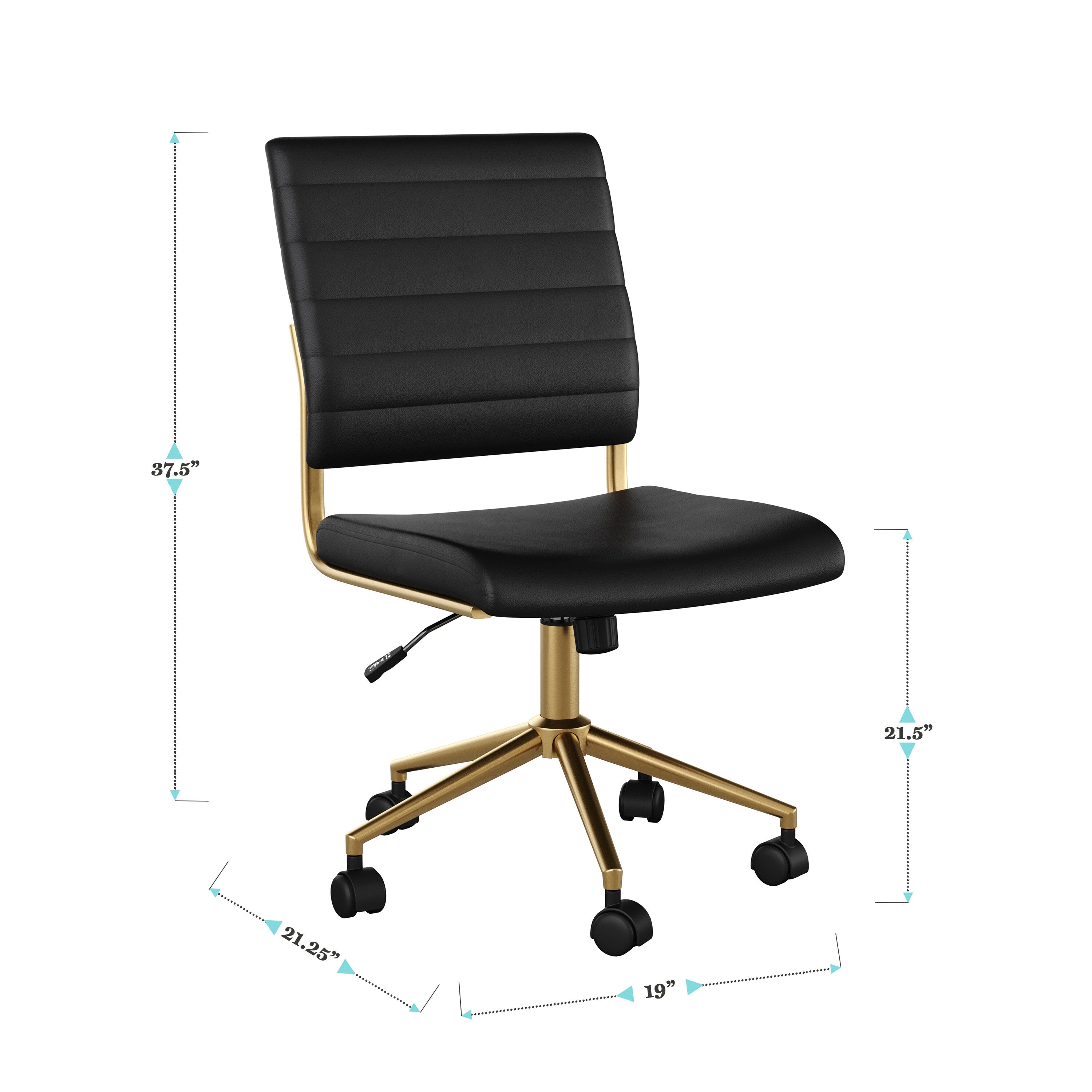 Black Faux Leather Armless Swivel Office Chair with Brass Frame