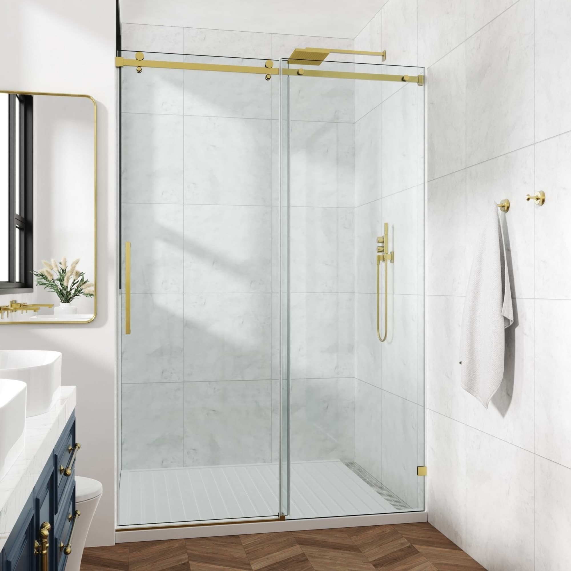 IAK 72 inch x 72 inch Brushed Gold Stainless Steel Fixed and Sliding Shower Door with Clear 3/8 Inch Tempered Glass