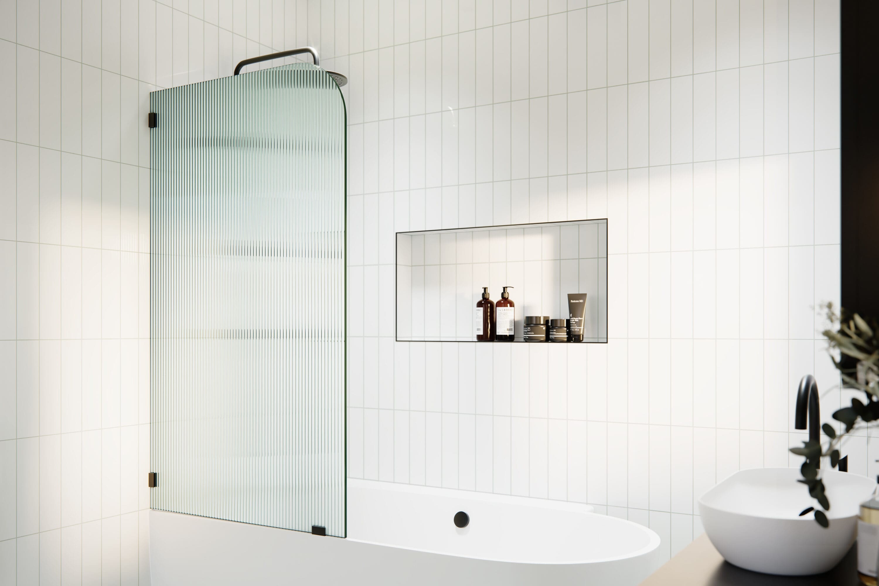 Glass Warehouse B-FL-RAD-34-L-MB Aurora Matte Black 34-in W x 58.25-in H Frameless Fixed Bathtub door 3/8-in Thick Fluted Glass