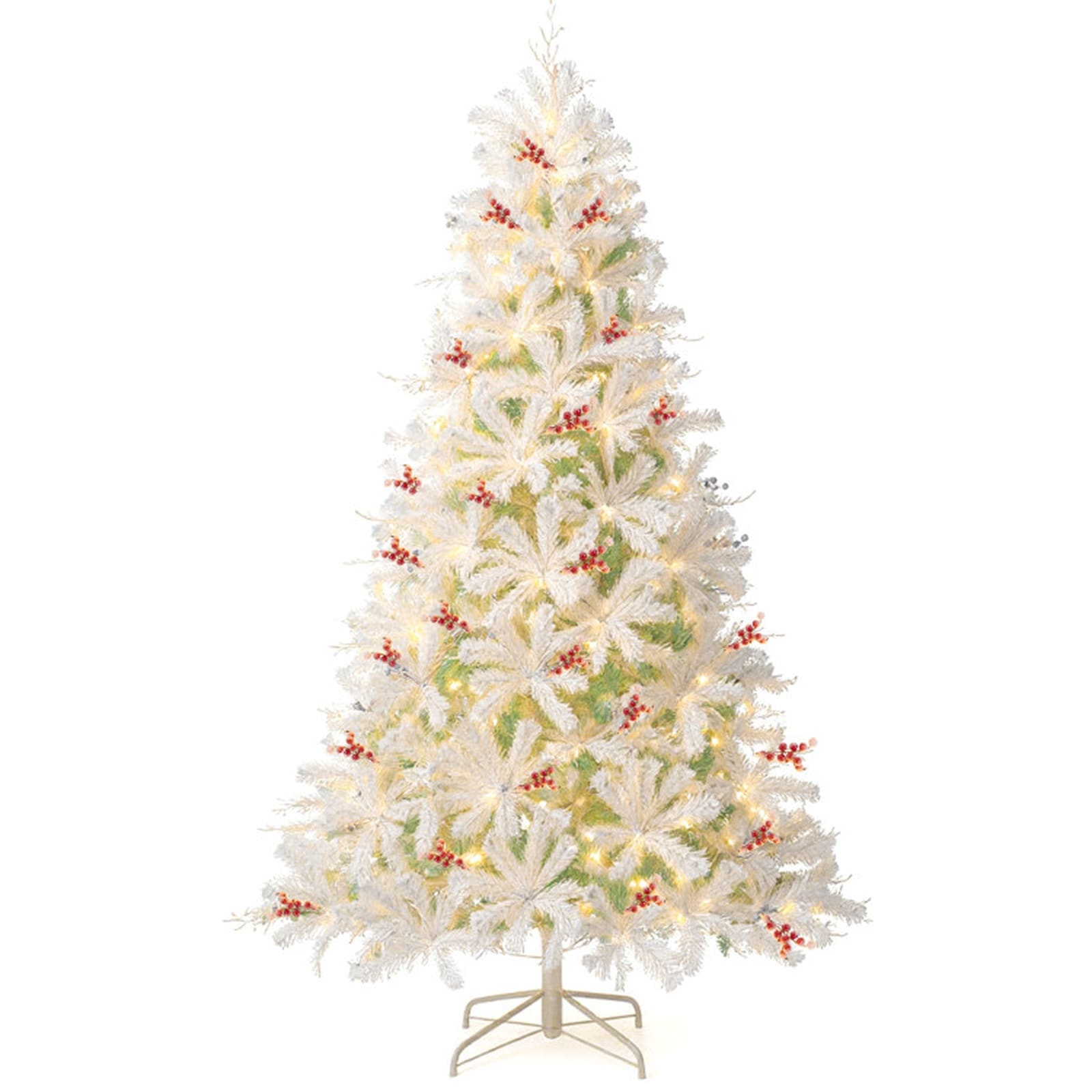 SUGIFT 6-ft Pre-Lit Artificial Christmas Tree Snow Flocked with 250 Warm White LED Lights 599 Branch Tips 33 Red Berry Clusters Globe Bulb Covers White and Lake Blue PVC PE Hinged 3-Section Flame-Retardant Foldable Metal Stand Holiday Full Xmas Tree