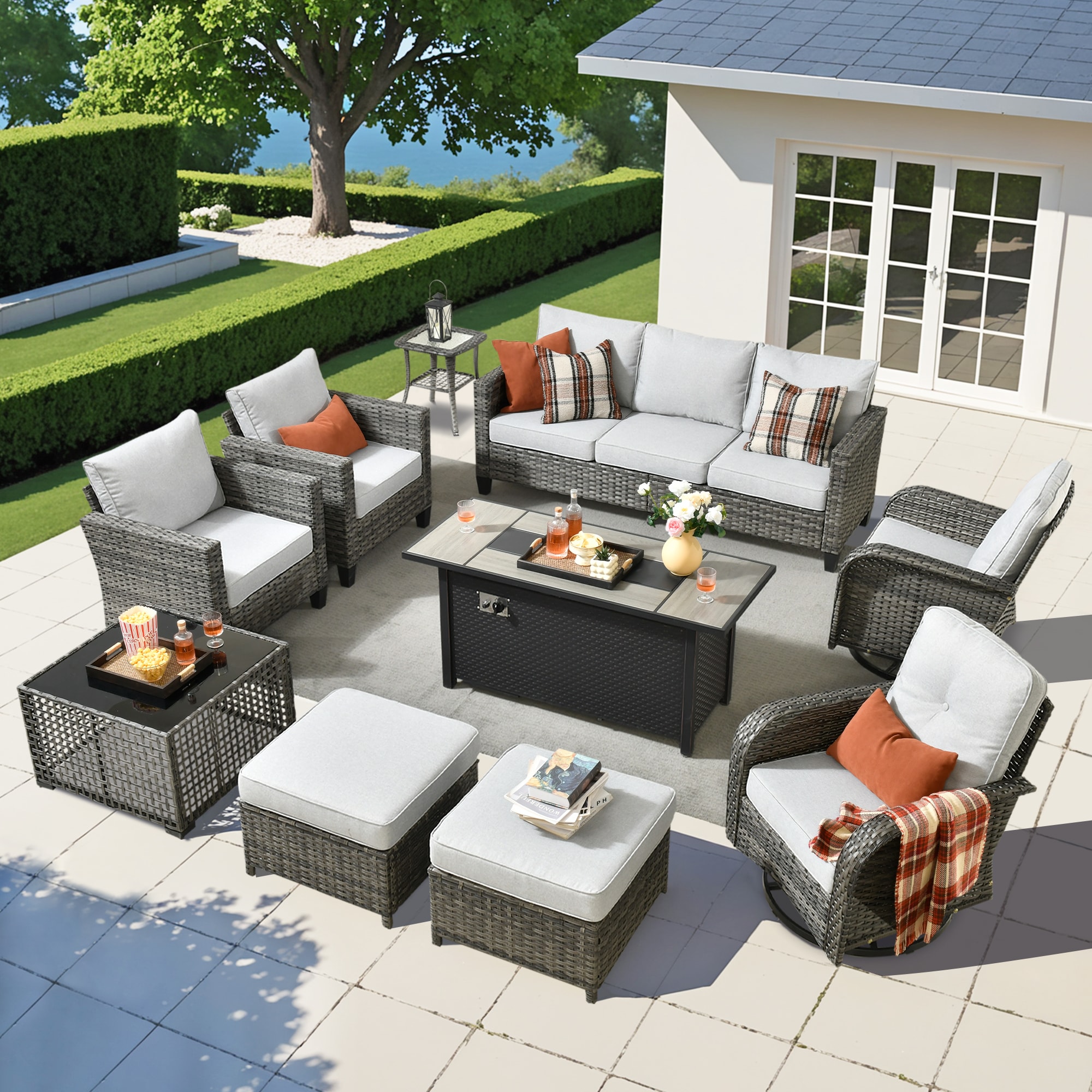 weaxty HMB8503YZNGNCRS79S1 Initial 10 -Piece Wicker Patio Sofa Conversation Set with Gray Cushions