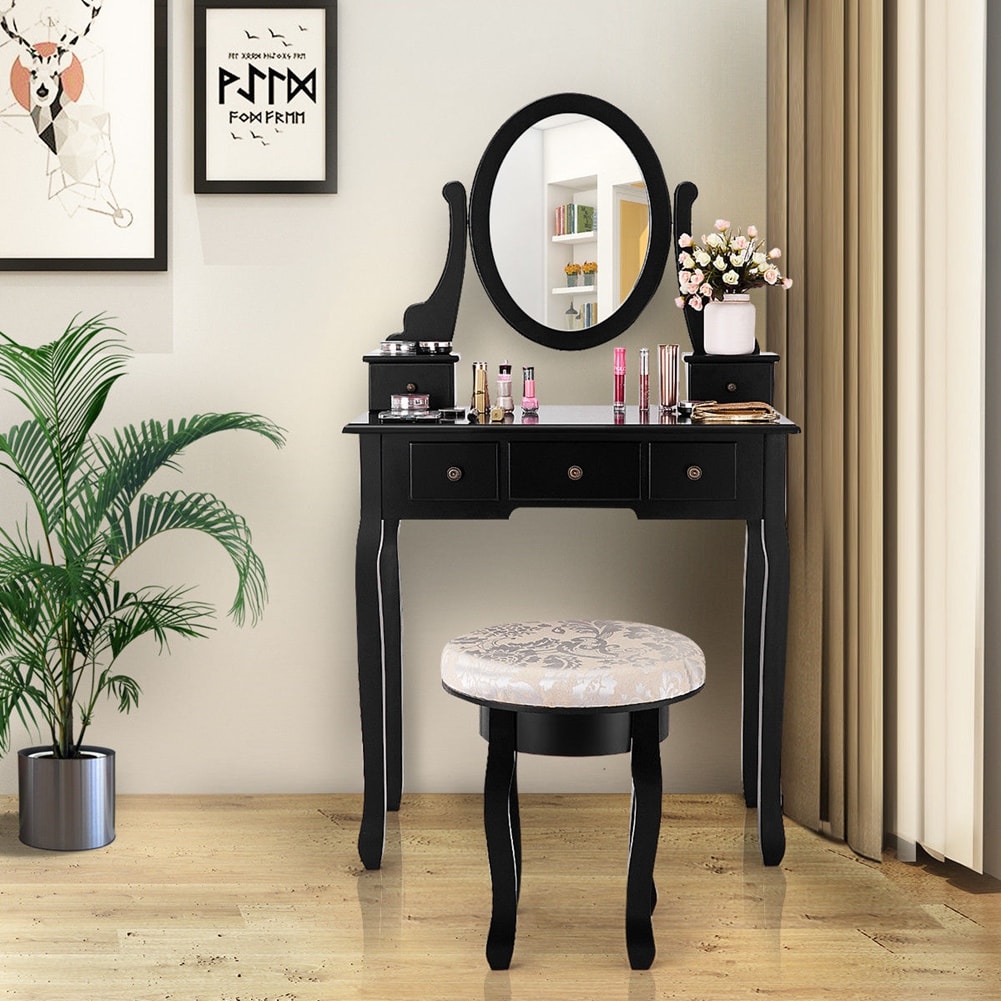 Costway CSHY001316 Vanity Table Makeup Table Cushioned Mirror 5 Drawers Black