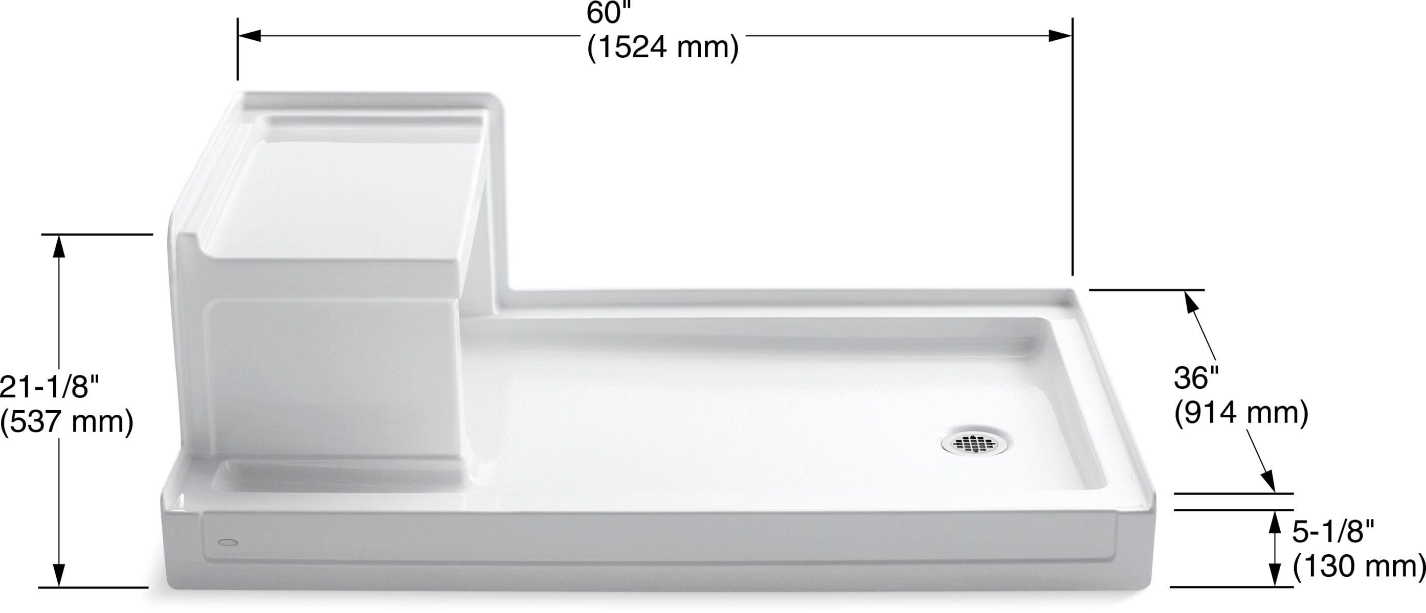 Tresham 60" x 36" White Acrylic Shower Base with Right-Hand Drain and Integral Seat