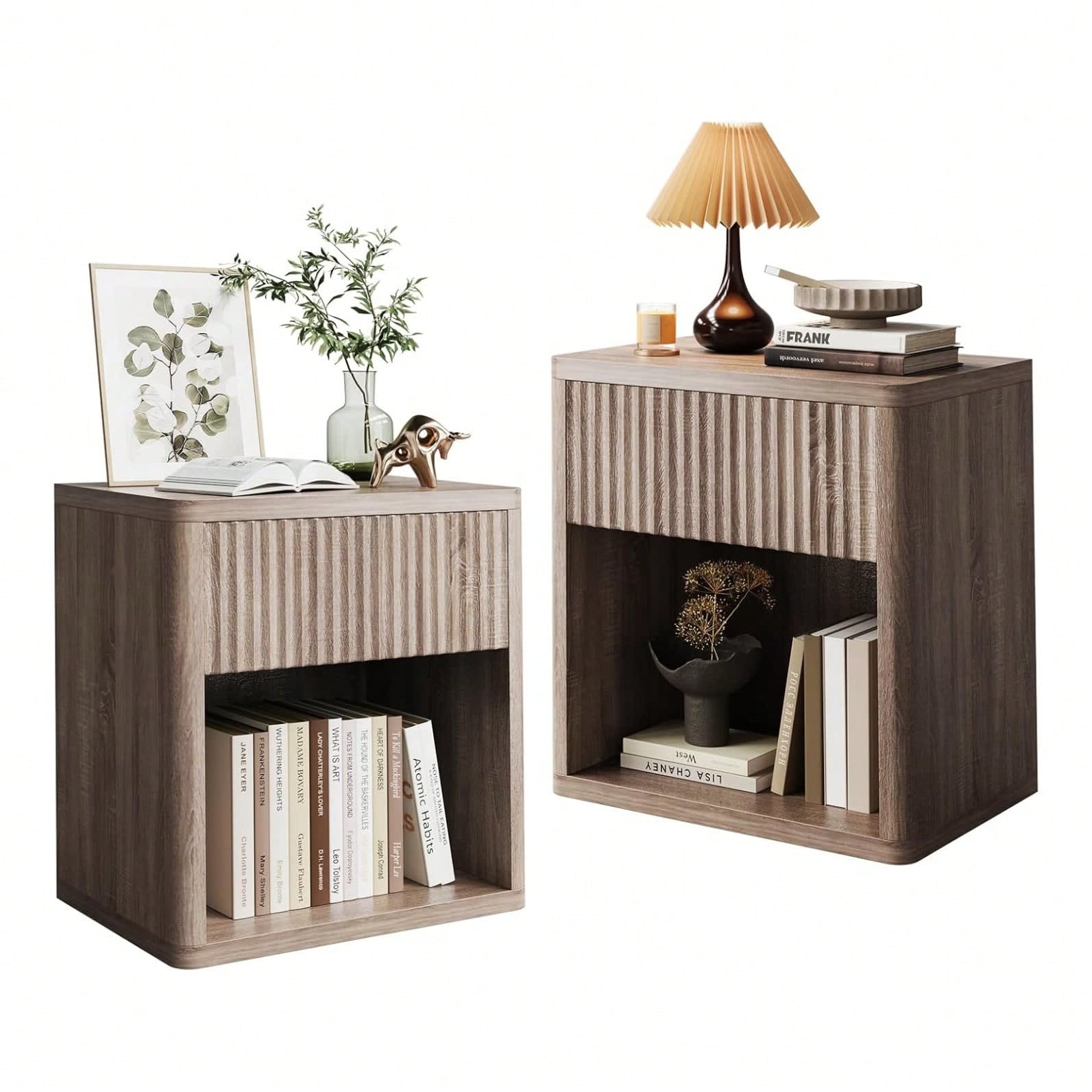 Qeetex MIE-PHO-33CXYU7N Night Stand Set Of 2  Fluted Nightstand Modern Farmhouse Nightstand  End Table With Drawer Storage Mid Century Wood Night Stands For Bedroom Living Room Sofa Office