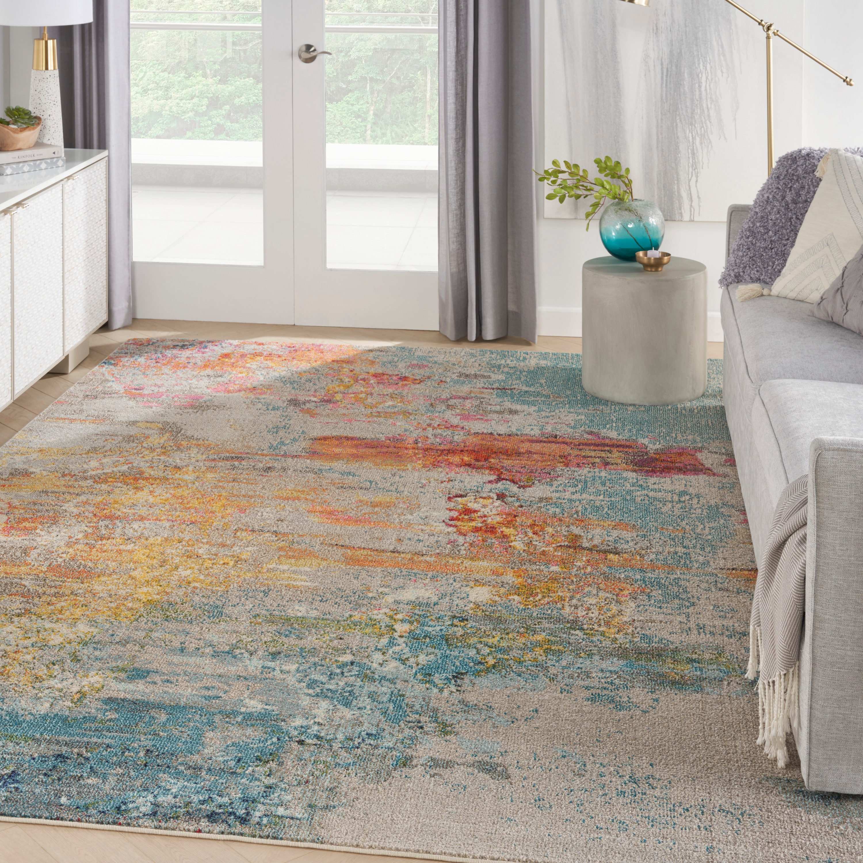 XXL Blue and Gray Abstract Synthetic Area Rug