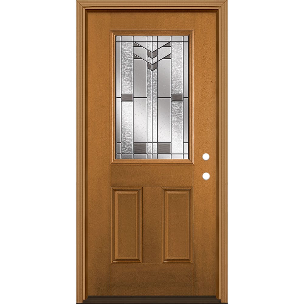Masonite 3420249 Frontier 36-in x 80-in x 4-9/16-in Fiberglass Half lite Left-hand inswing Oakcrest Stained Prehung Front Door with Brickmould Insulating core
