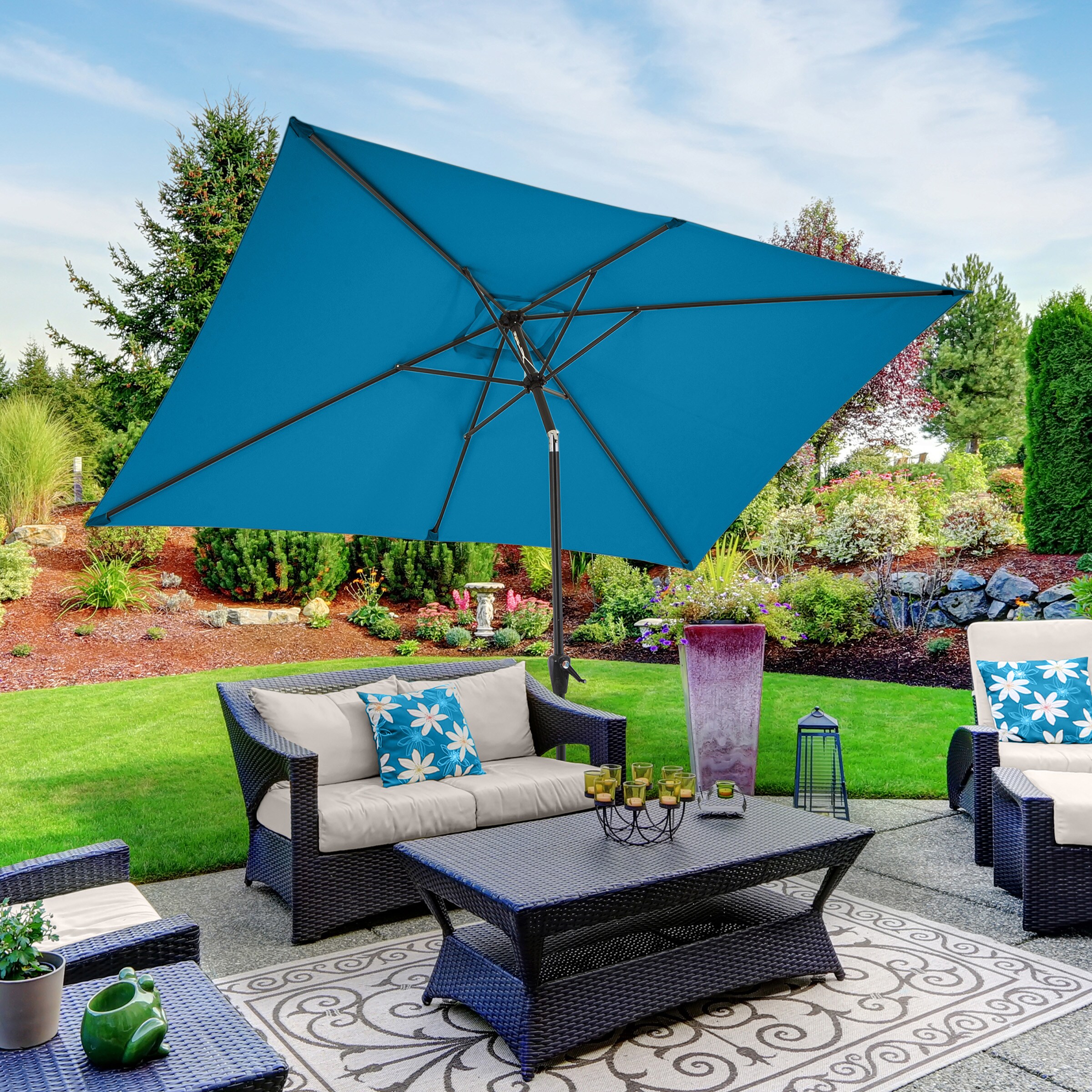 Pure Garden 10 ft Rectangular Turquoise Patio Umbrella with Push Button ...