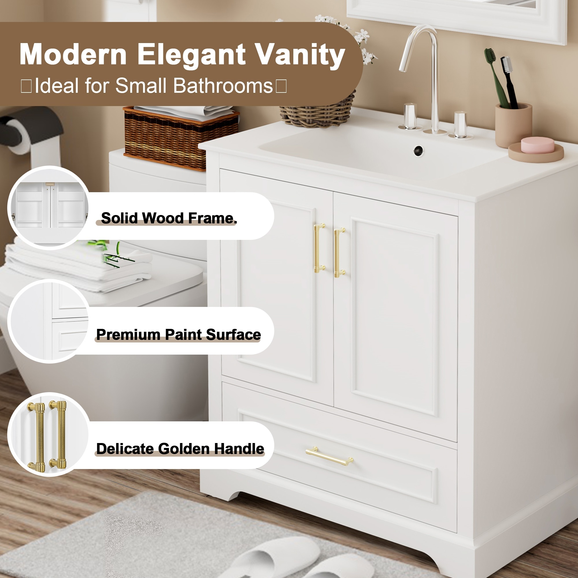 HyperDrop Cart 30 Inch Bathroom Vanity with Sink MDF and Solid Wood ...