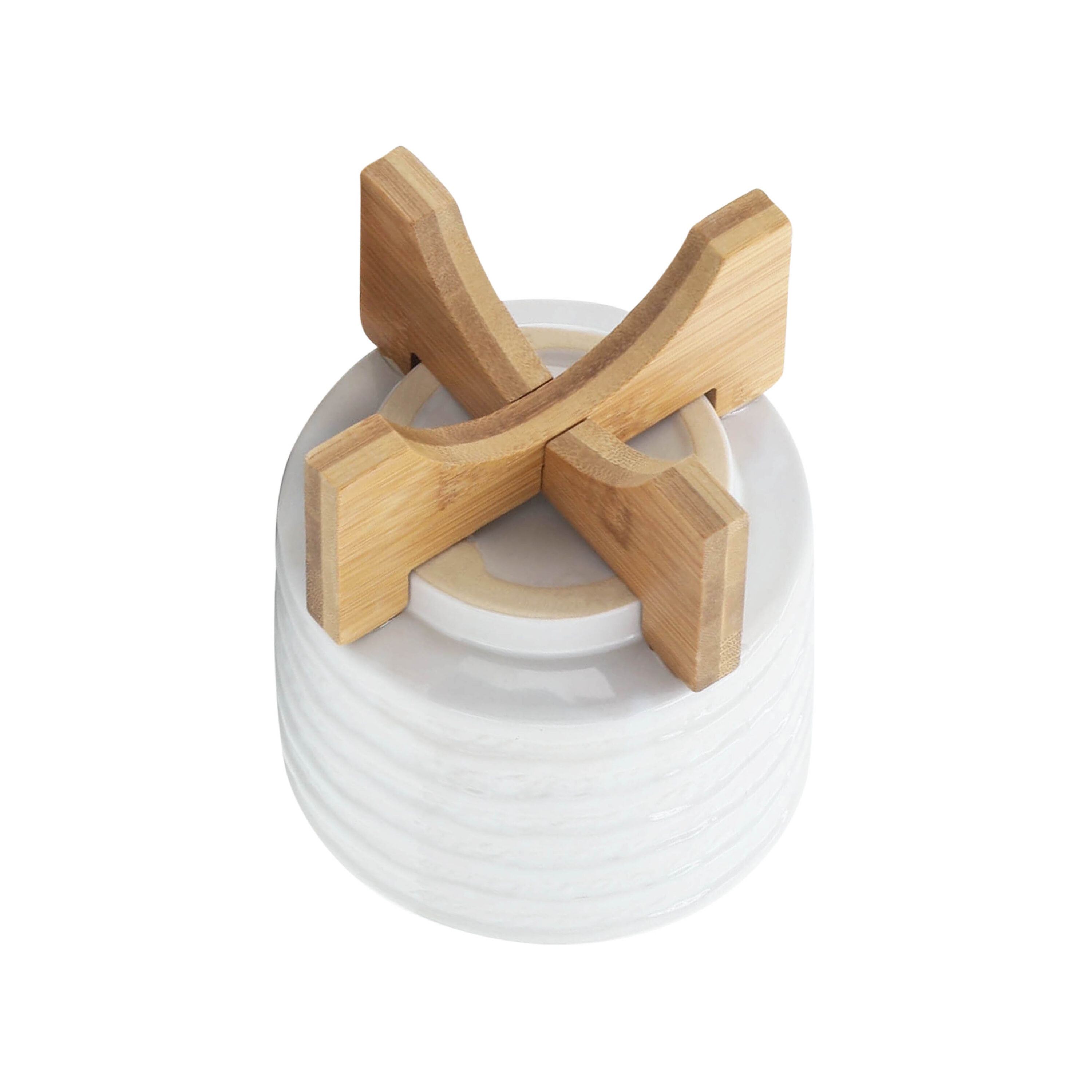 Elegant White Stripe Ceramic Planter with Wooden Stand, 6"x8"