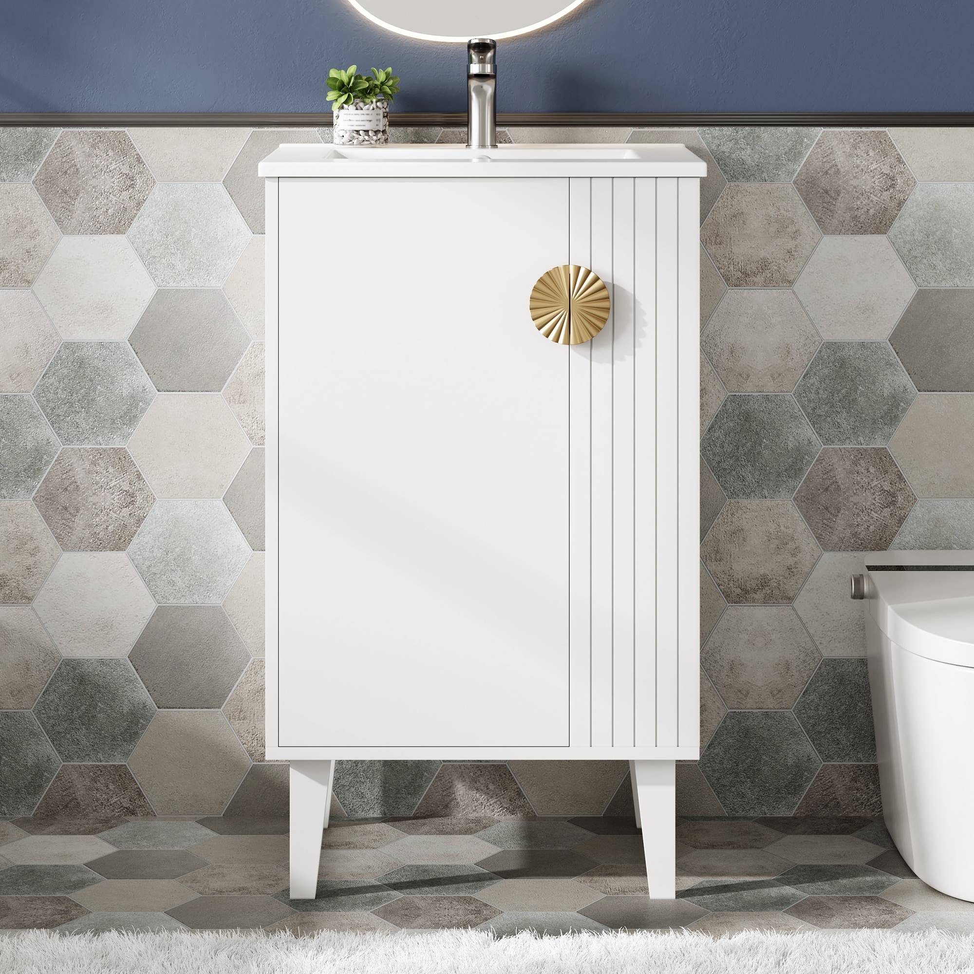 LOVMOR SF-J-N710P330971K 20-inch Bathroom Vanity with Ceramic Sink Freestanding Single Vanity Set with Soft Closing Door Chic Half-Moon Pulls French Style White