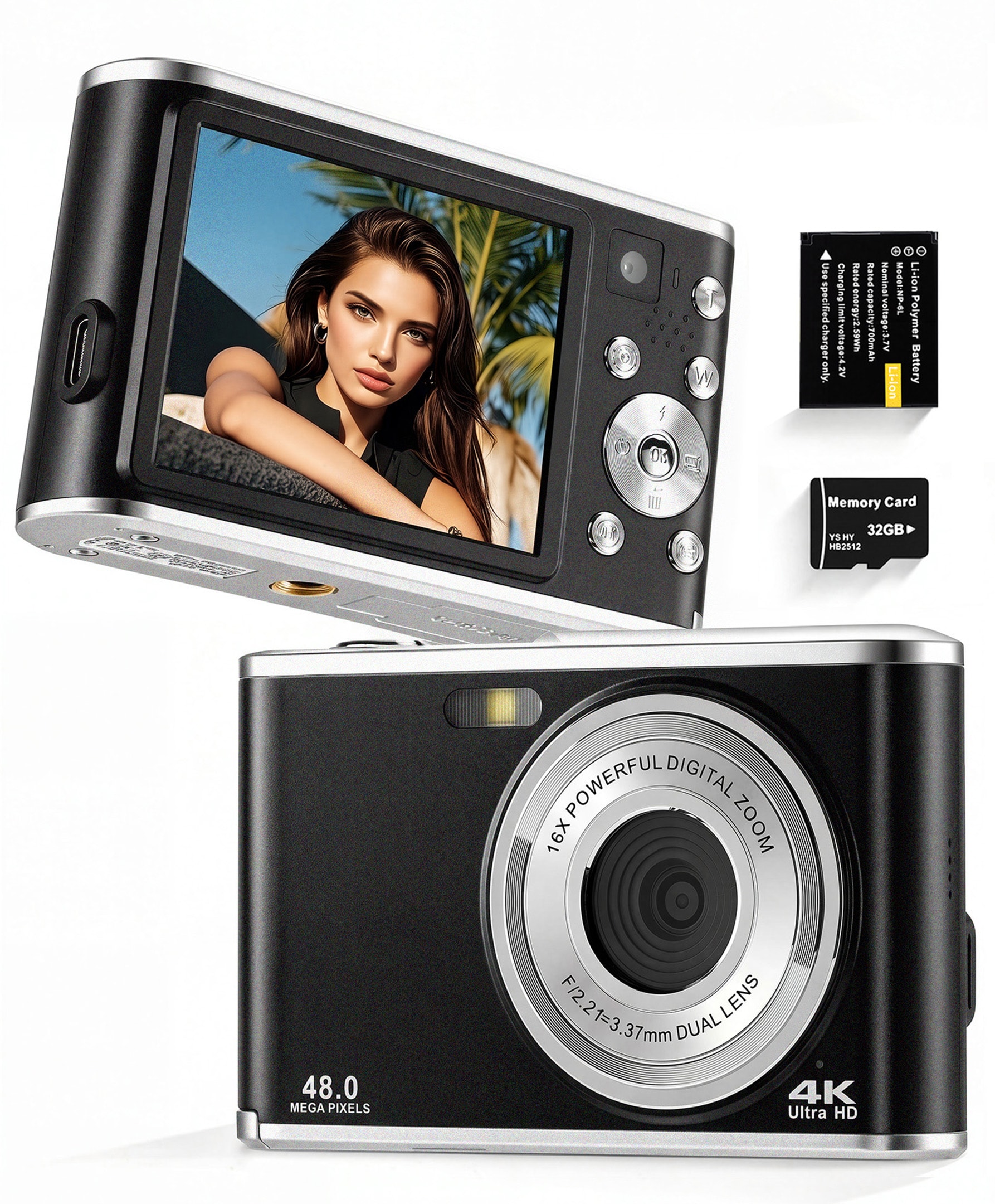 Fenbeli 48MP Autofocus 16X Zoom Anti-Shake 4K Dual Camera Webcam With 32GB Card Digital Camera