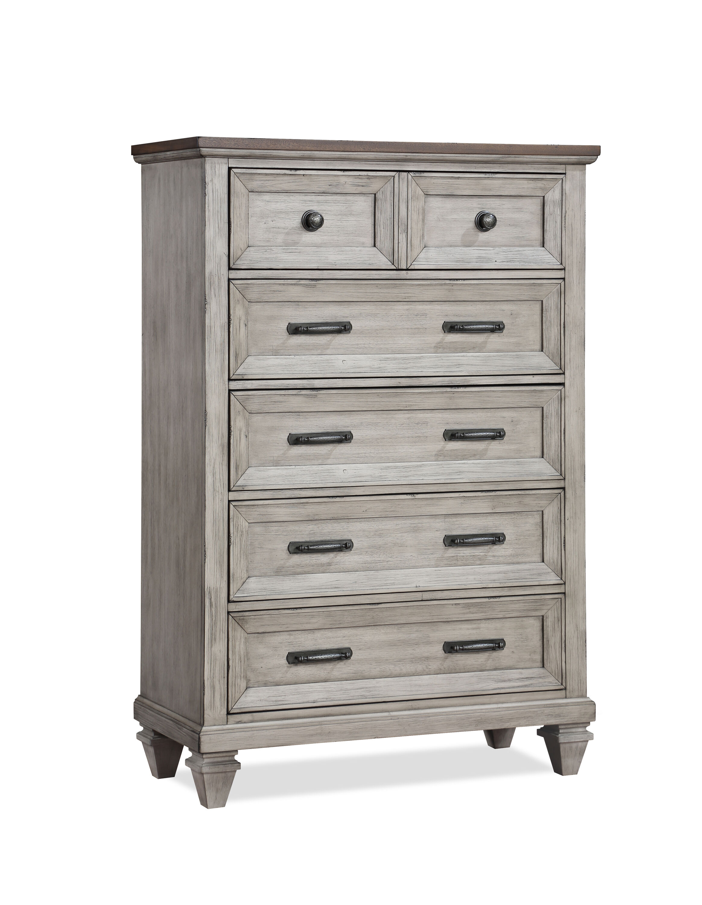 Vintage Creme Acacia Wood 5-Drawer Chest with Walnut Top