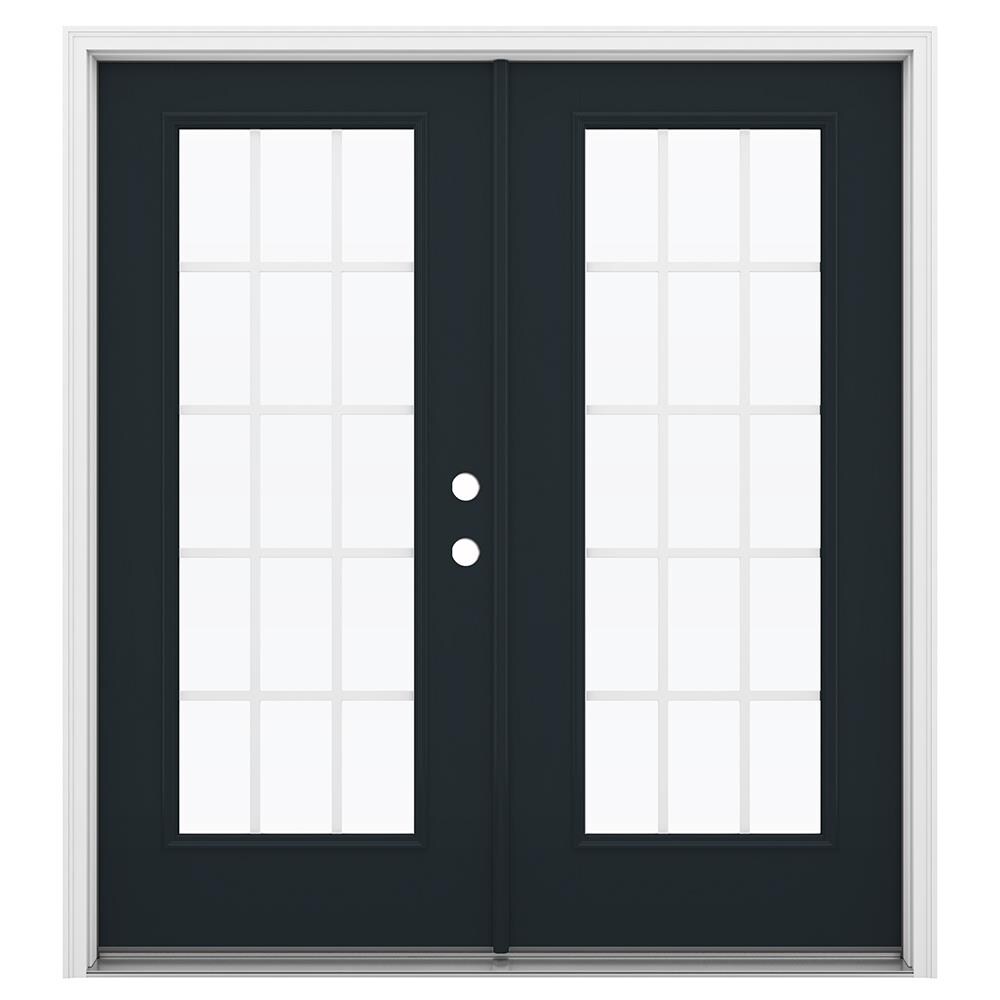 JELD-WEN LOWOLJW235000163 F-3500 72-in x 80-in x 4-9/16-in Jamb Low-E Grilles between the glass , Black Fiberglass Left-hand inswing French Double Patio Door Brickmould Included