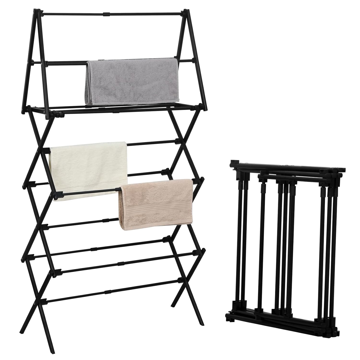 Kitstorack 4-Tier Foldable Steel Clothes Drying Rack Adjustable Width 18.5 to 29 Inches 50 lb Capacity Indoor Outdoor Use Black 29L x 11.5W x 53H