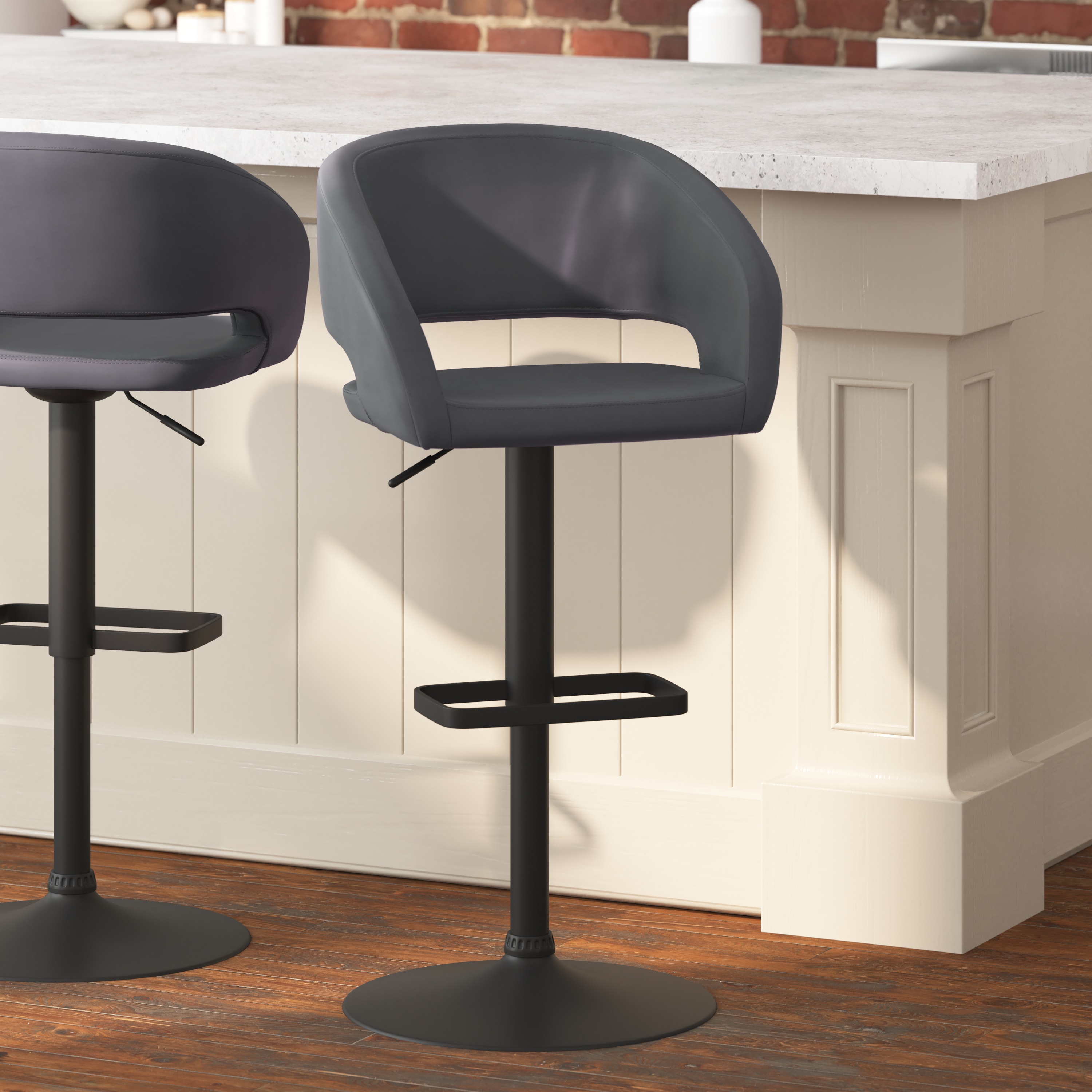 Gray Vinyl Adjustable Swivel Barstool with Black Metal Base