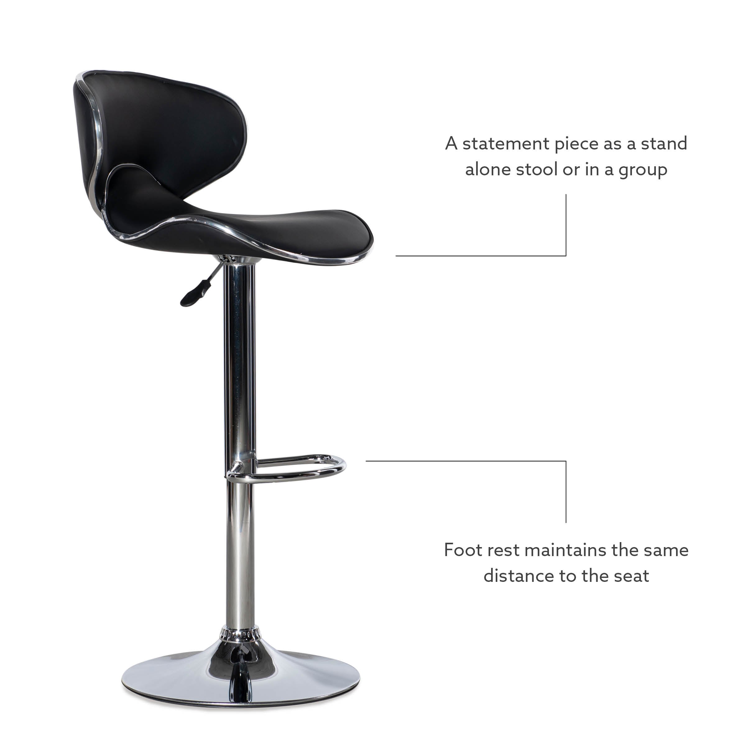 Adjustable Swivel Bar Stool in Black Faux Leather and Chrome