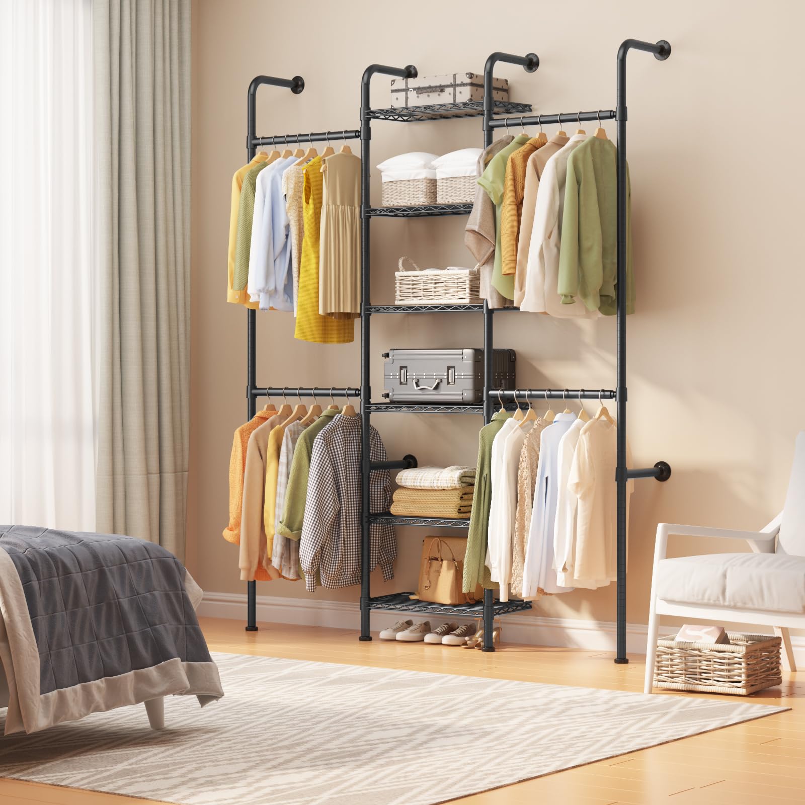 IdealHouse Wall Mounted Pipe Closet System Carbon Steel Wall Mounted Clothes Rack for Closet Storage Expandable Rods 23.62-35.43 in 6 Wire Shelves Matte Black