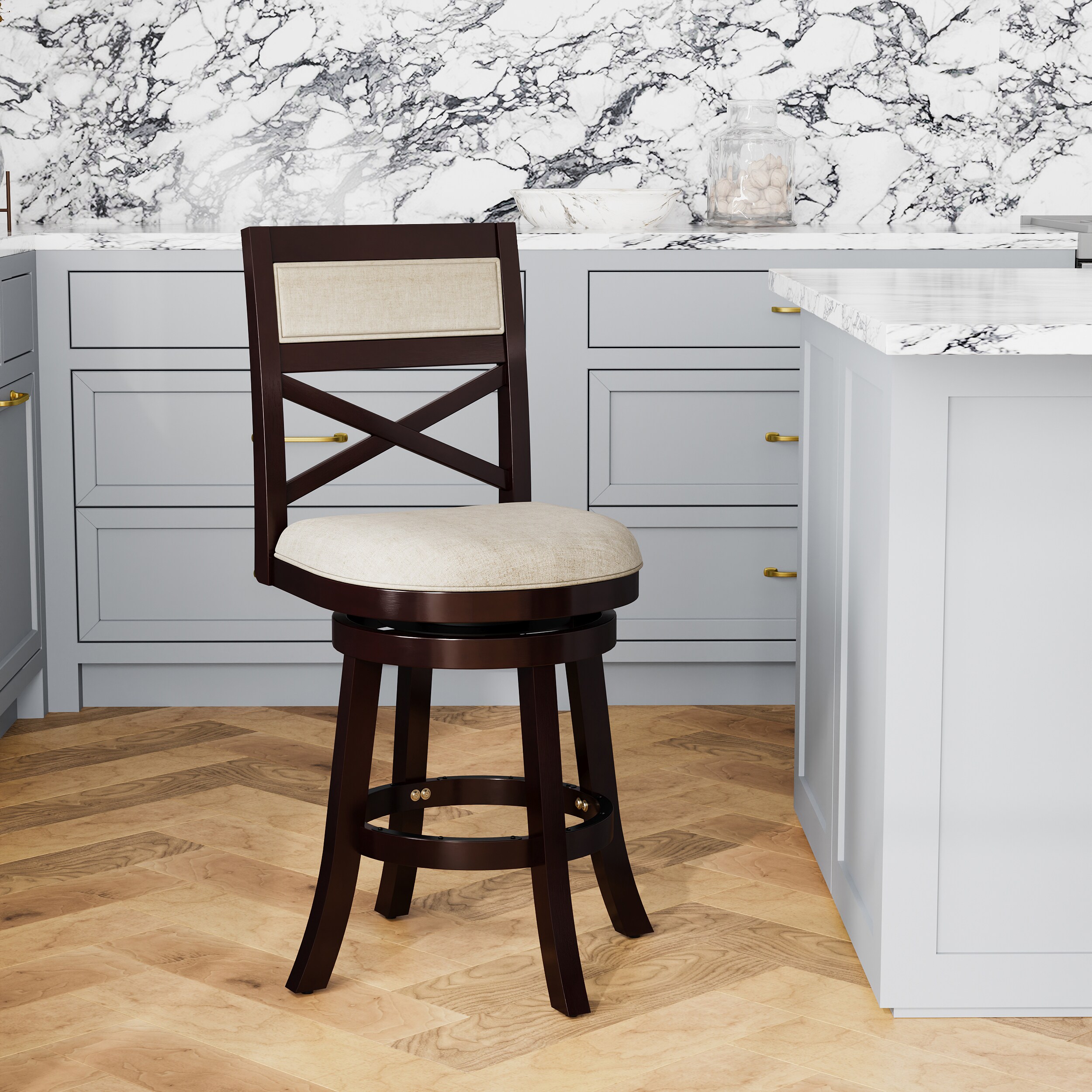 GDFStudio Granby 24 in. Counter Height Classic Wood Counter Stool with X-Back Swivel and Footrest - Espresso Finish and Beige Fabric Seat