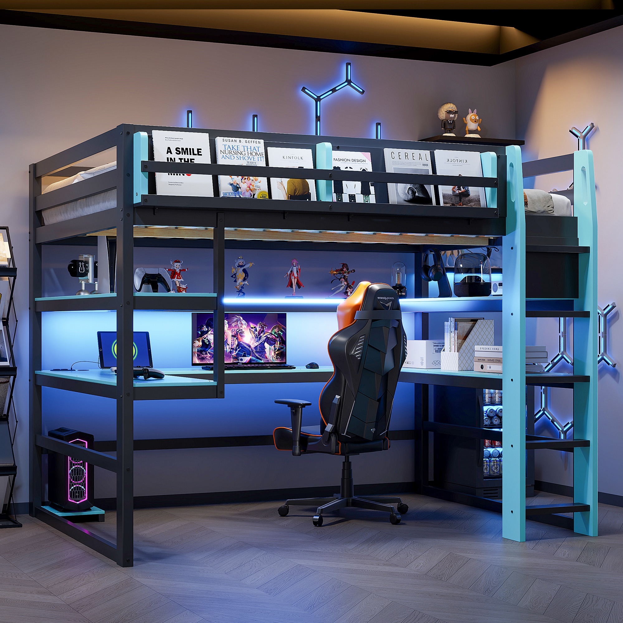 GDFStudio Luxystar Modern Full Gaming Loft Bed with Lighted Desk Storage Bookcase Racks and Outlets USB Ports - Black+Blue