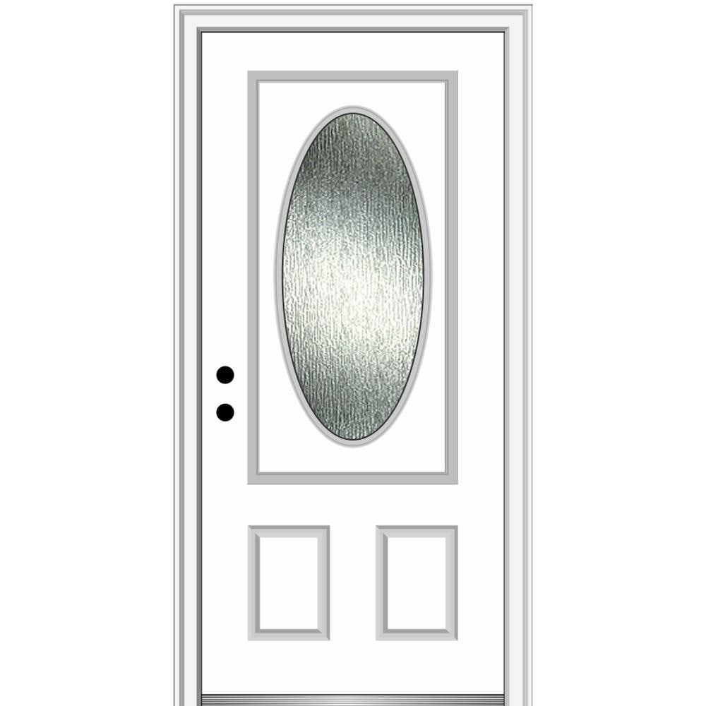 MMI DOOR ZZ367841R Rainglass 36-in x 80-in x 4-9/16-in Fiberglass Oval lite Right-hand inswing Brilliant White Painted Prehung Front Door with Brickmould Solid core