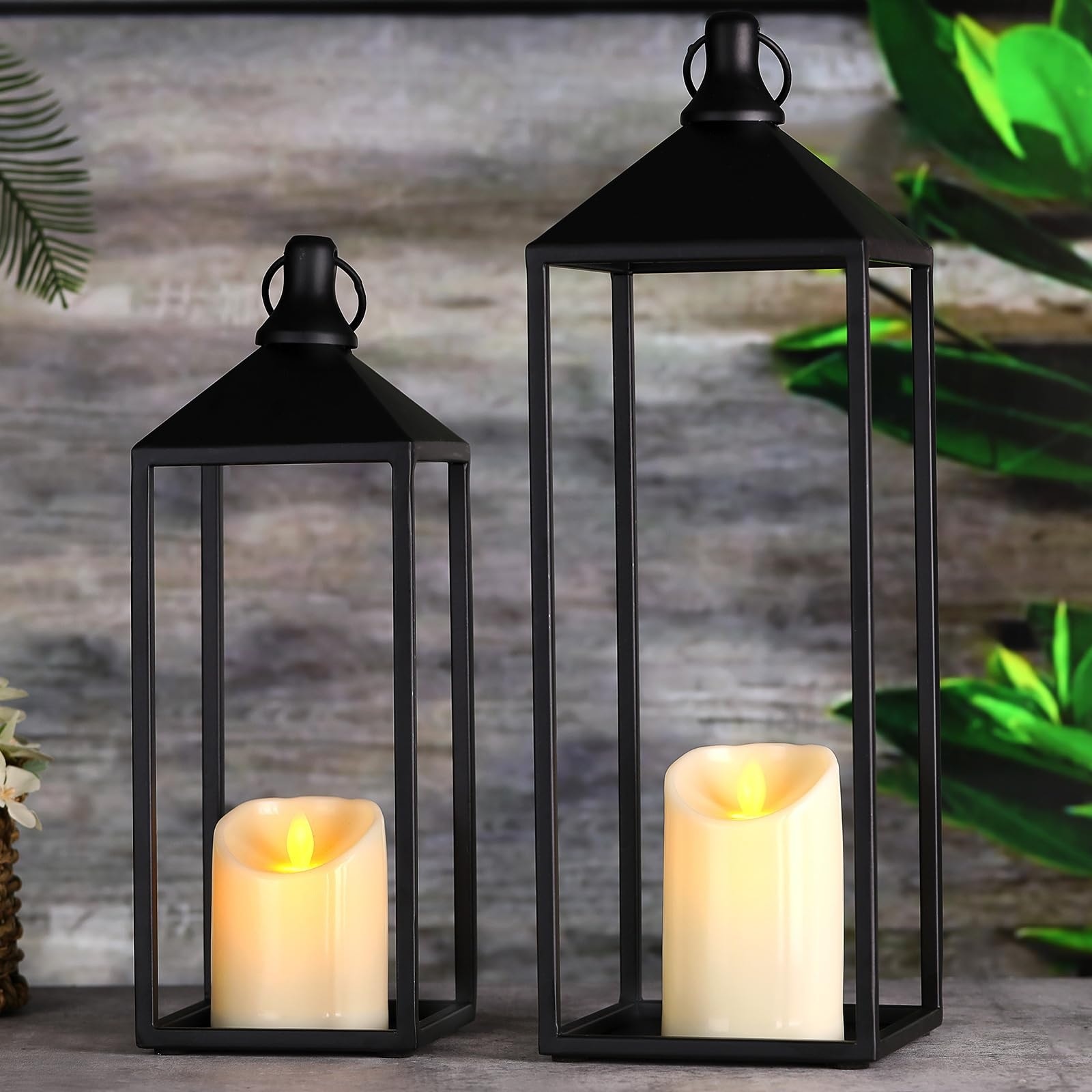 Justincity - Set of 2 Black Metal Lanterns with Flameless Candles 17 in and 13 in Indoor Outdoor...