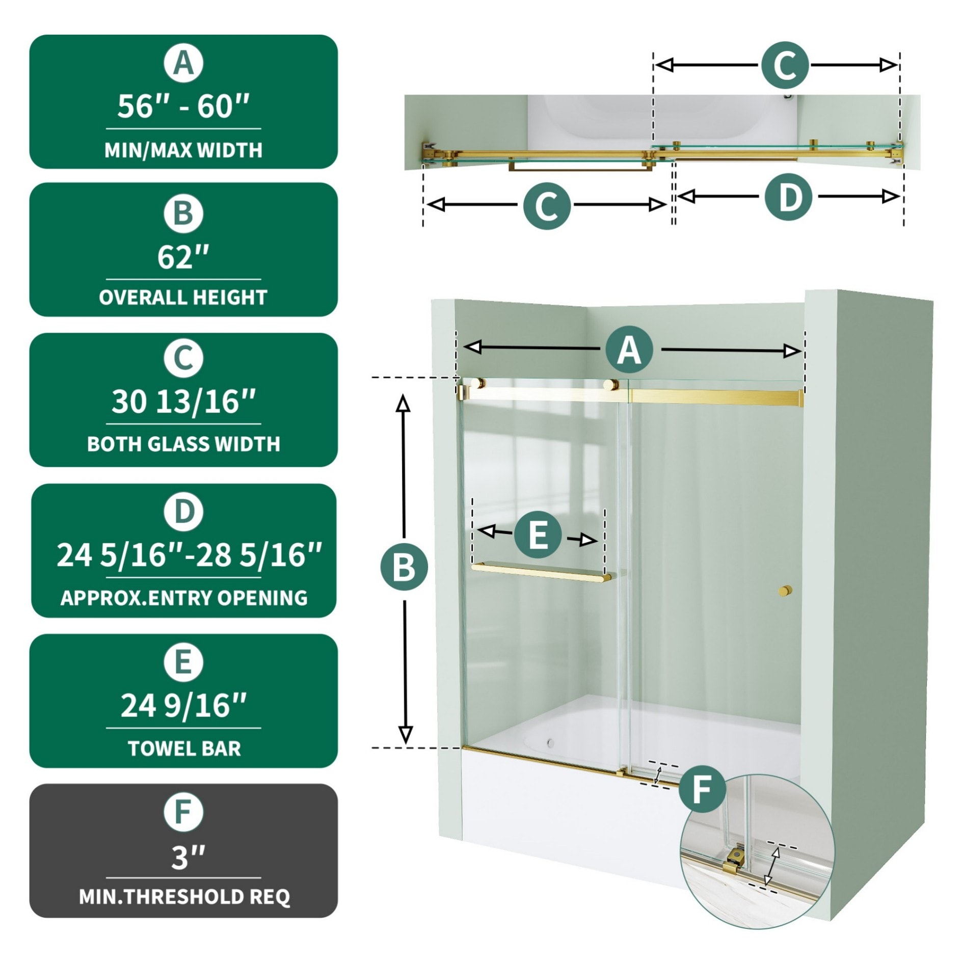 WELLFOR HORIZ-6062BG Bathtub-Doors - View #5