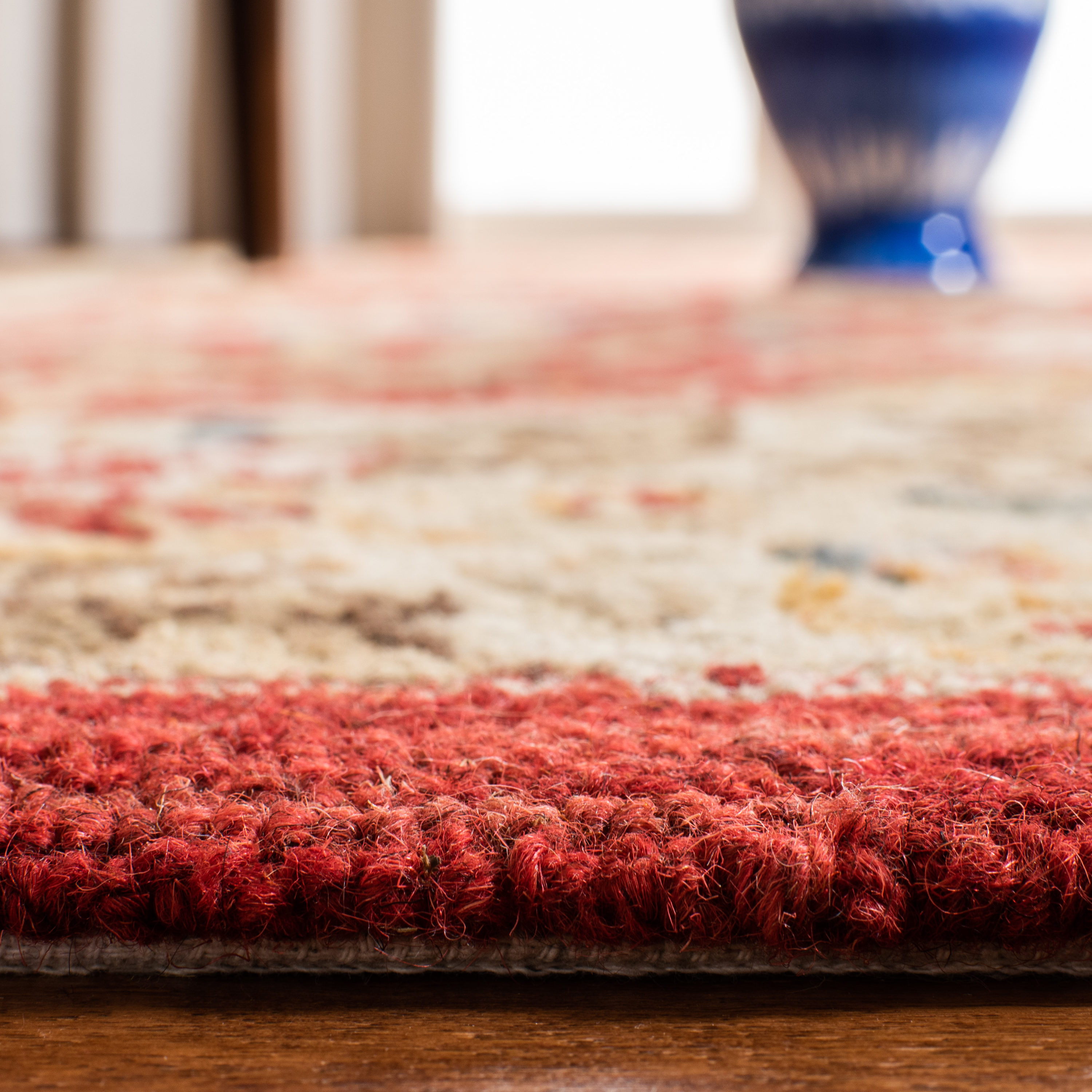 Handmade Red Floral Wool Square Area Rug, 6'