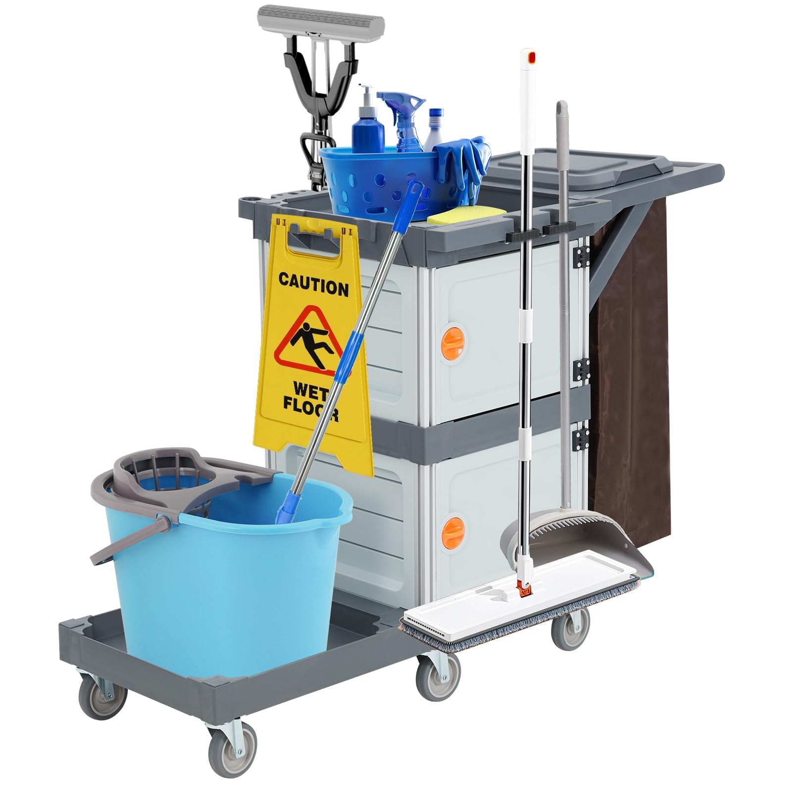 GarveeLife Commercial 3-Shelf Janitorial Cart with 2 Cabinets/Shelves Commercial Traditional Wheeled Cleaning Cart with Cover and Oxford Bag 300 Lb Capacity Suitable for Schools Hotels Apartments #C1PQUZIDZT0LTE